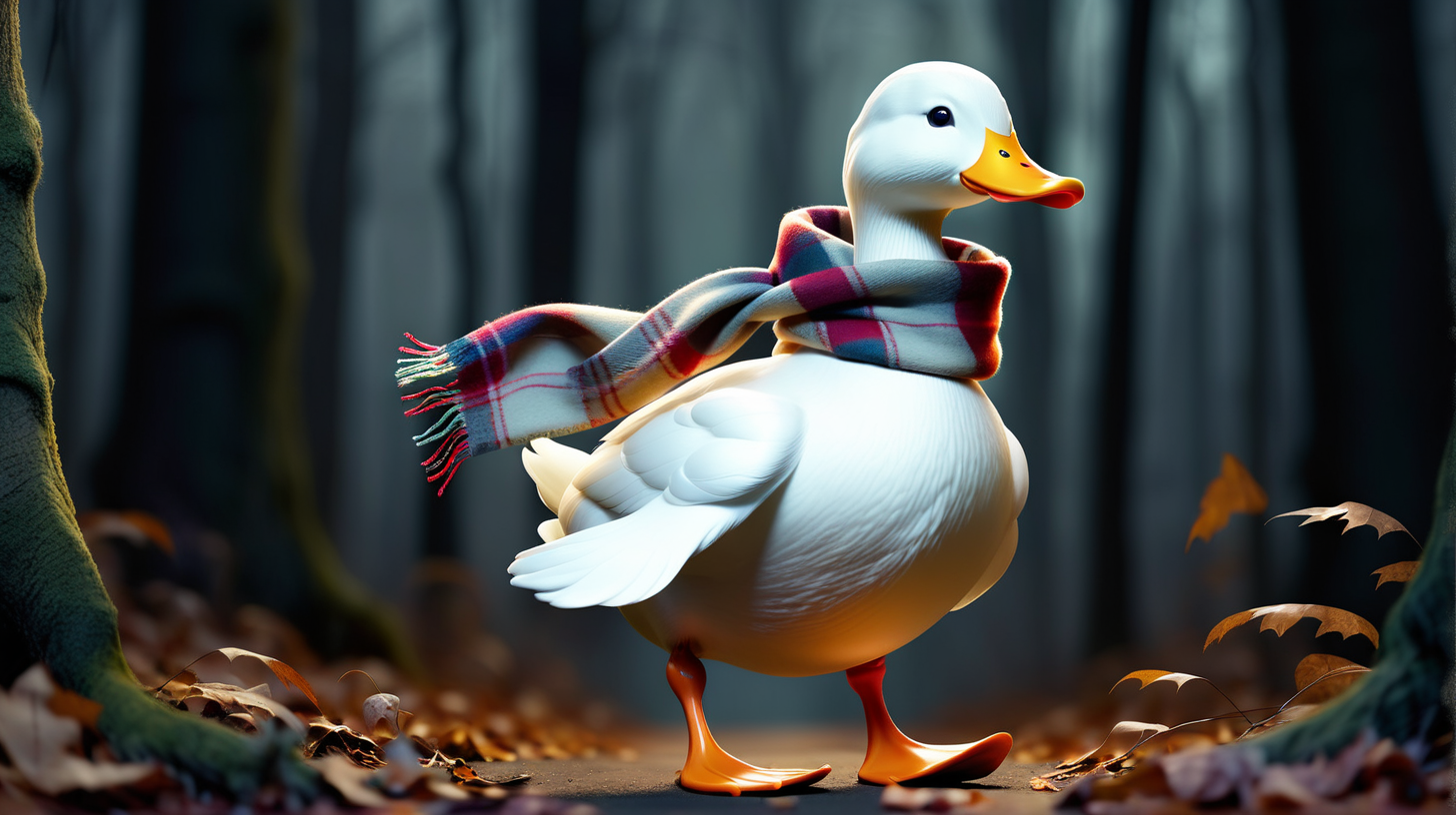 A white duck with a scarf walking into the haunted mysterious woods.