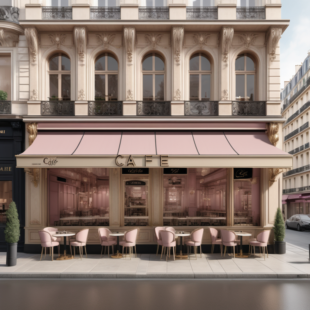 A hyperrealistic image of a palatial modern Parisian cafe viewed from the street in a beige oak brass colour palette with accents of black and dusty rose, with beautiful high-end stores
