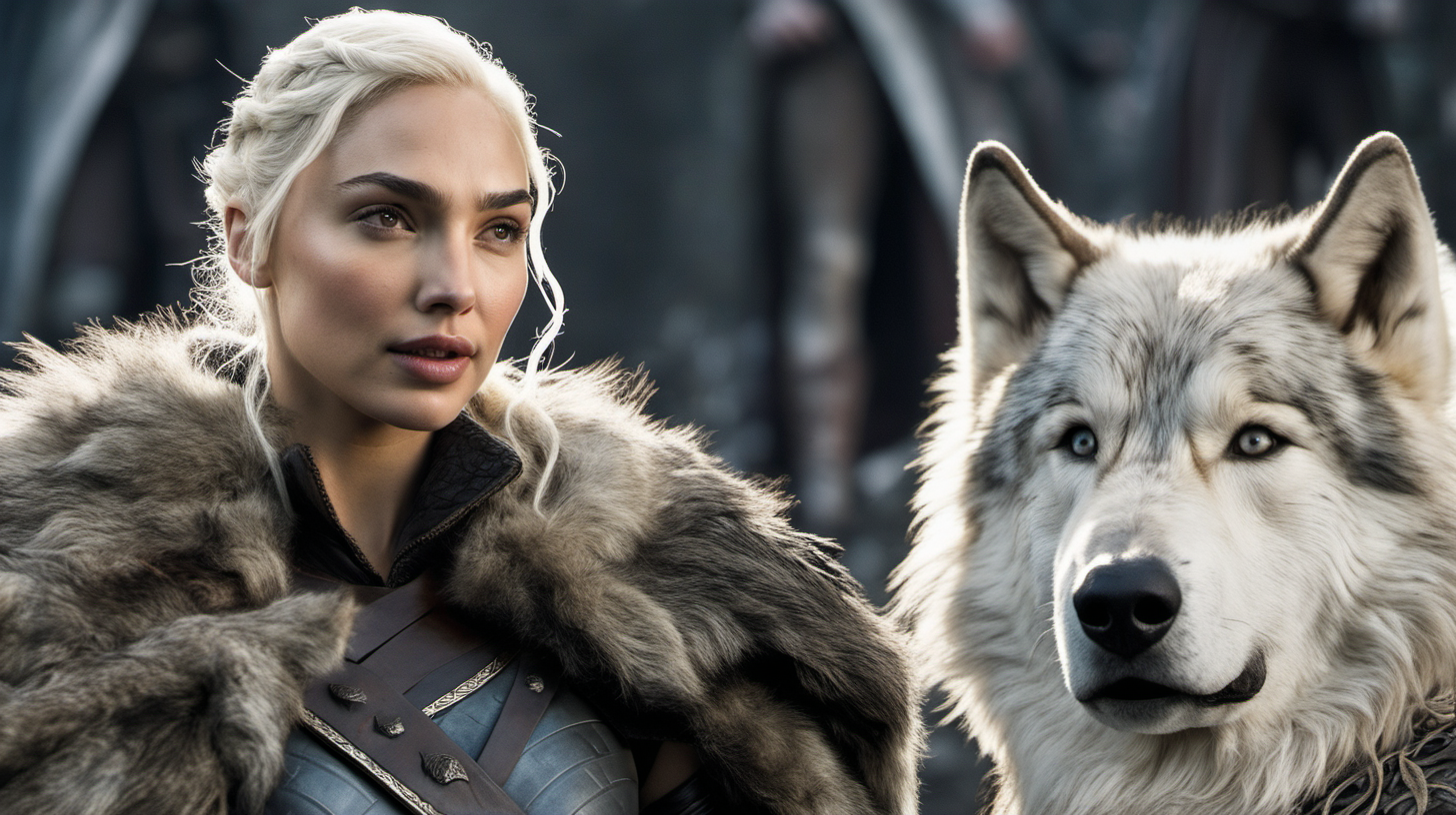 Gal Gadot, with platinum blonde hair, standing beside a Direwolf in Game of Thrones.