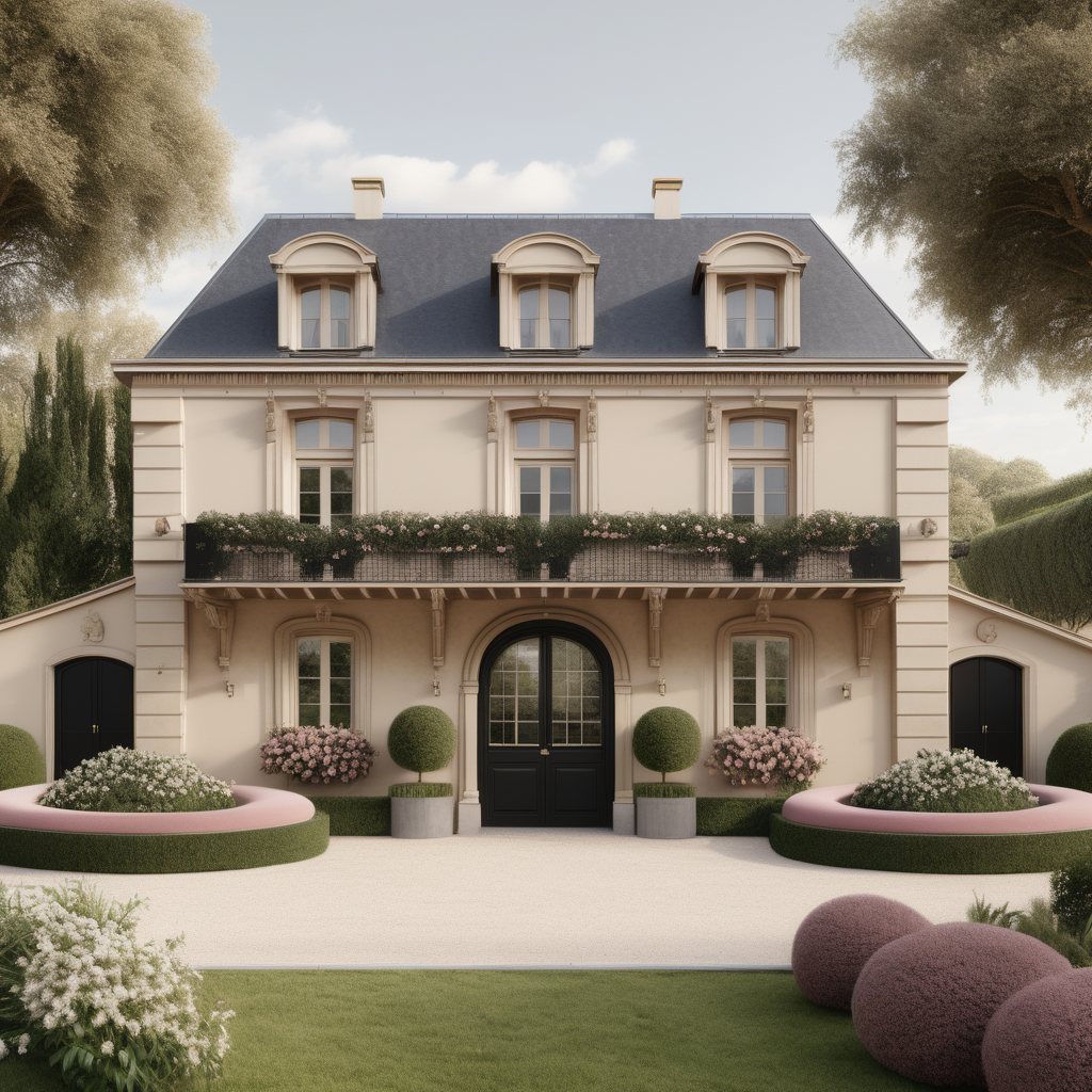 A hyperrealistic image of a modern Parisian horse stables guest house viewed from the outside in a beige oak brass colour palette with accents of black and dusty rose, with an adjoined veranda covered in star jasmine, and beautiful garden beds and sprawling lawns around it
