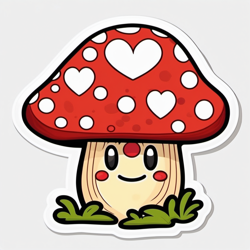 Sticker, Smiling red Mushroom with heart Spots, cartoon, contour, vector, white 
background 