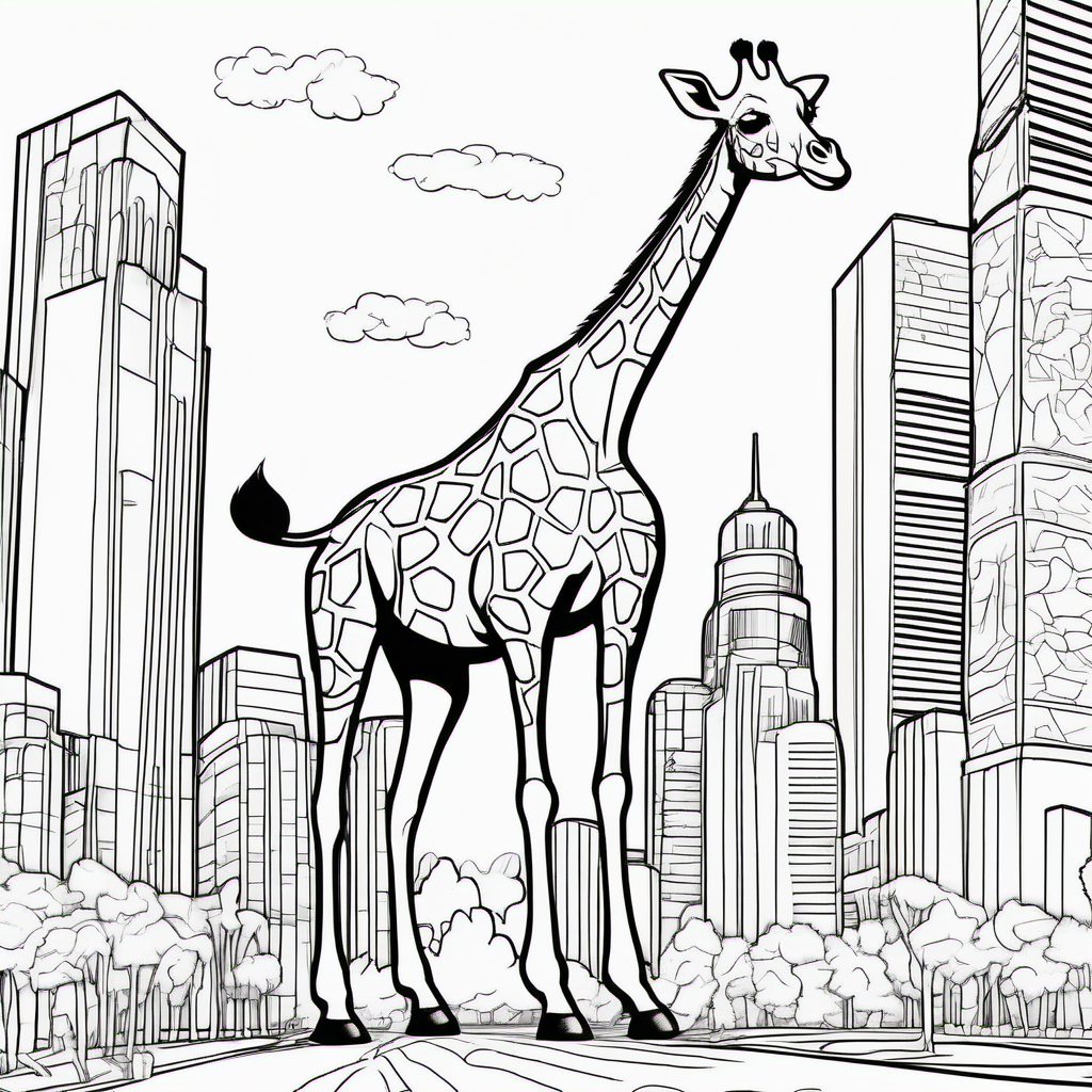 /imagine colouring page for kids, Giraffe Superhero Team, in action-packed cityscape, thick lines, low details, no shading --ar 9:11