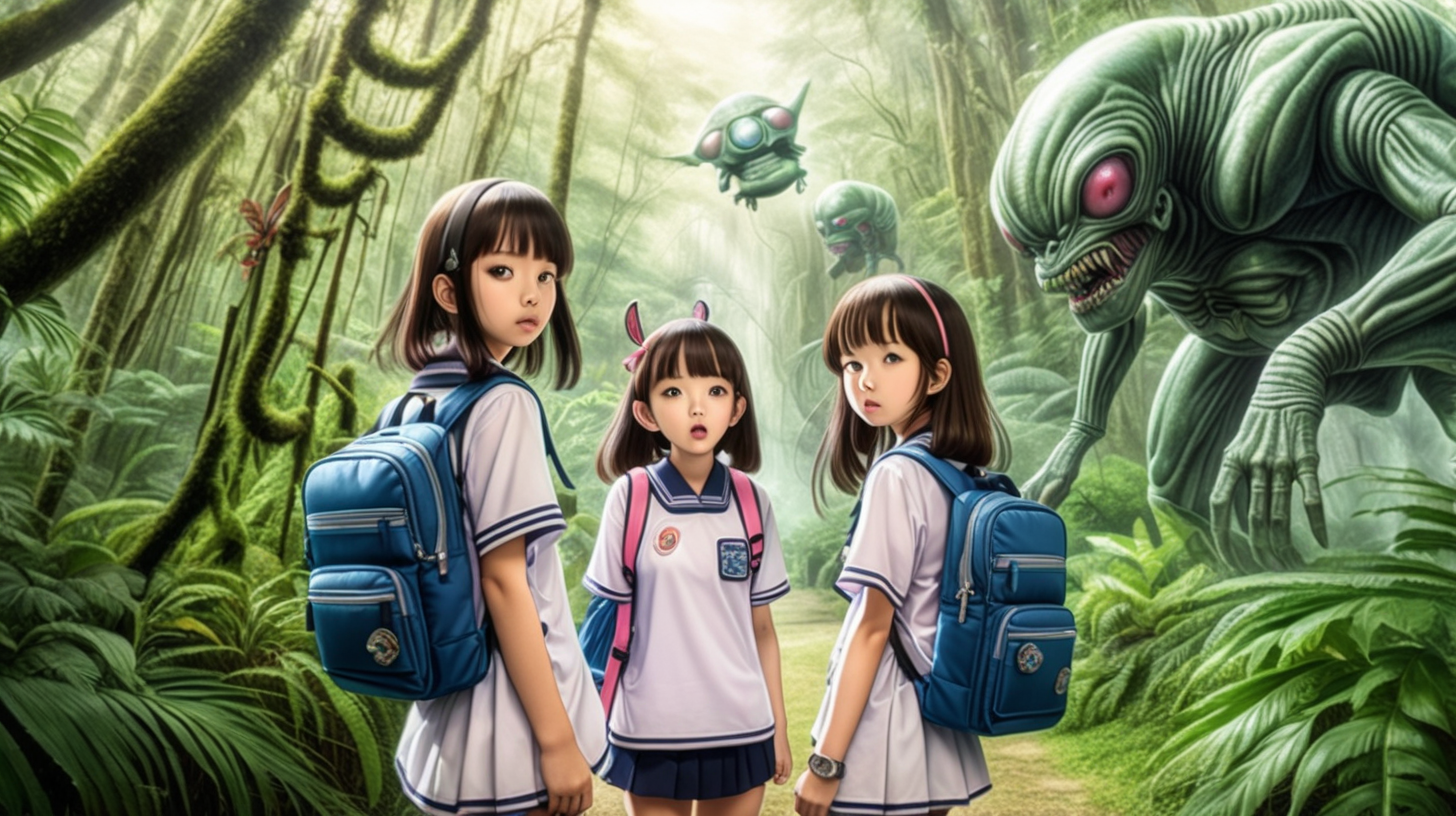 a pair of teen japanese school girls on a field trip to a freaky alien wildlife preserve in the rainforest