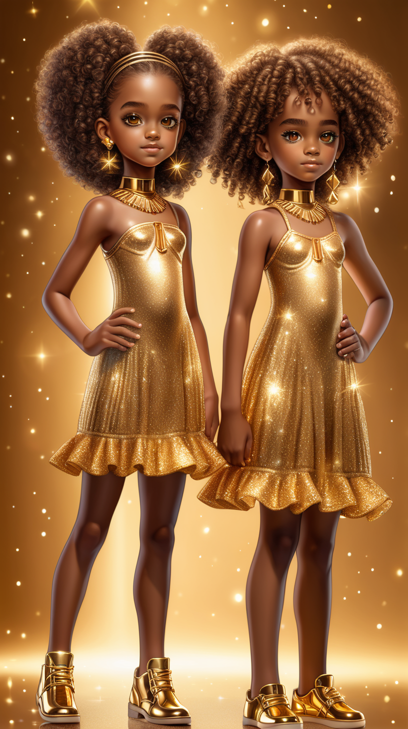 pixel 3D African 10 year old  twin sisters,  glowing beautiful light brown skin curly  hair sparkly face with sparkly makeup on and full body with a golden dress and Golden Earrings showing legs in golden shoes with normal Brown skin and beautiful dark brown 