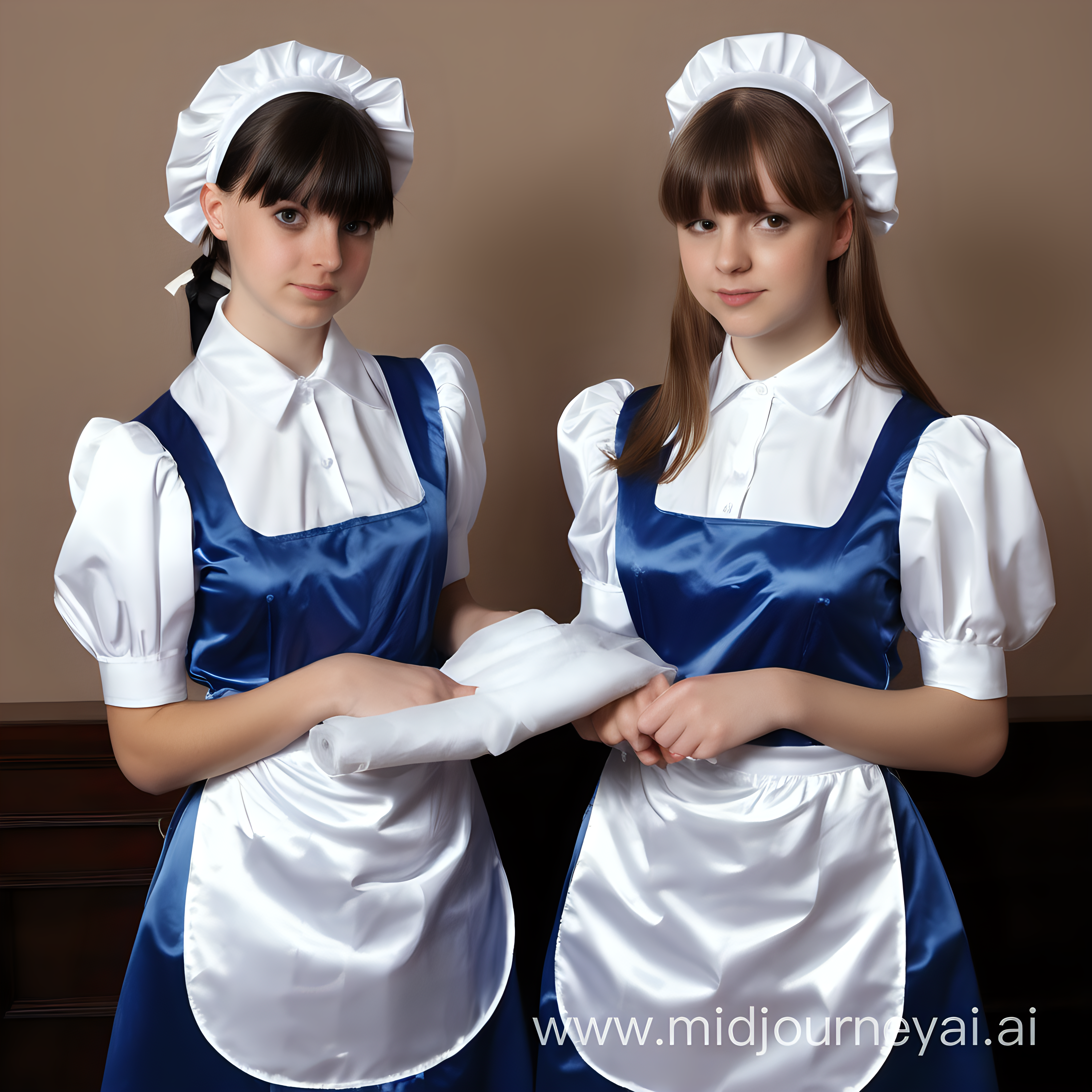 two Girls in satin long maid uniforms