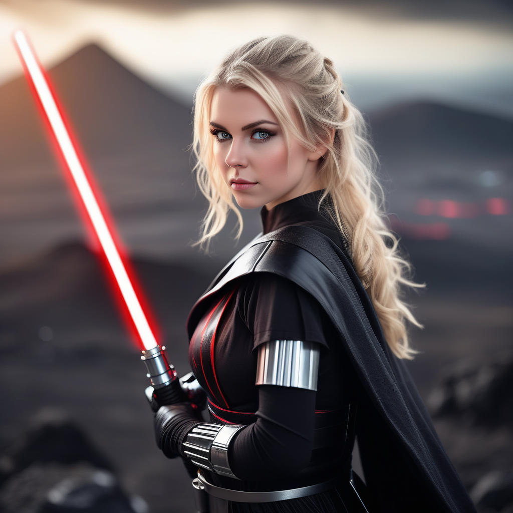 Beautiful Nordic woman, very attractive face, detailed eyes, big breasts, dark eye shadow, messy blonde hair, wearing a sith lord cosplay outfit, holding a lightsaber, bokeh background, soft light on face, rim lighting, facing away from camera, looking back over her shoulder, standing on a volcano planet, photorealistic, very high detail, extra wide photo, full body photo, aerial photo
