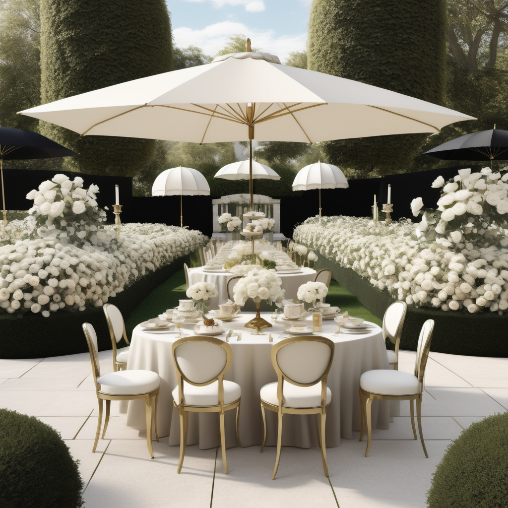 a hyperrealistic image of a grand Modern Parisian  garden tea party in a large open yard surrounded by manicured gardens and white roses in a beige oak brass and black colour palette, with Umbrellas