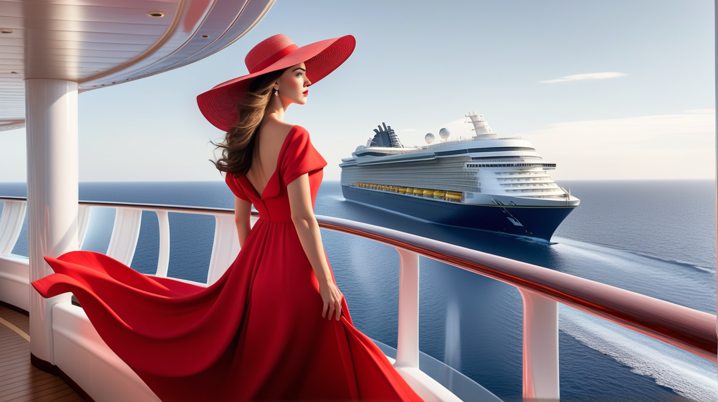 The largest cruise ship in the world is moving at full speed across the endless ocean, and the brunette woman wearing a long red dress from Dior and in stylish hat stands on the upper deck  of a cruise ship and looks into the distance  