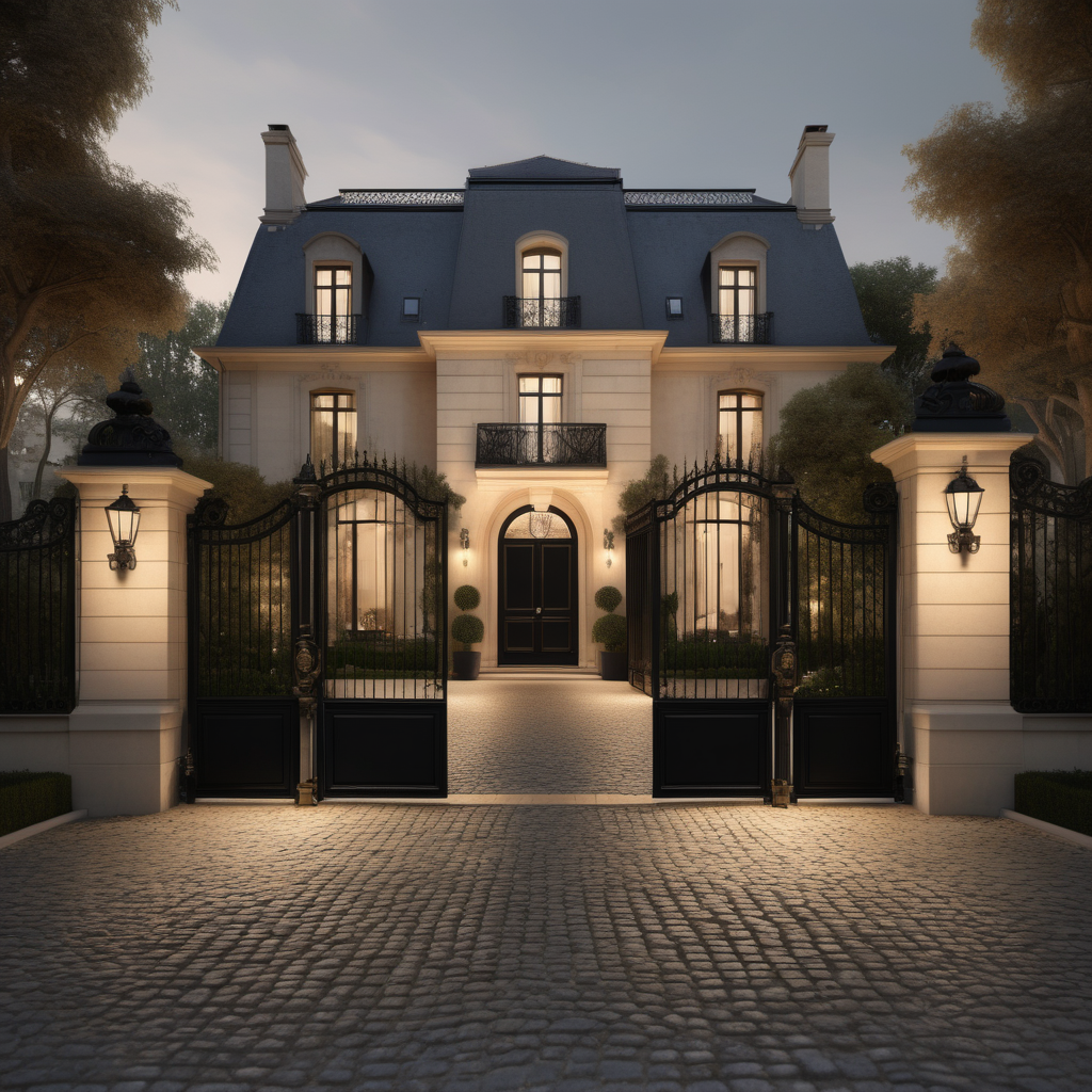 a hyperrealistic of an elegant Modern Parisian estate home exterior with mood lighting, a cobblestone driveway,black wrought iron gates with elegant gardens in front, in a beige oak brass and black colour palette 
