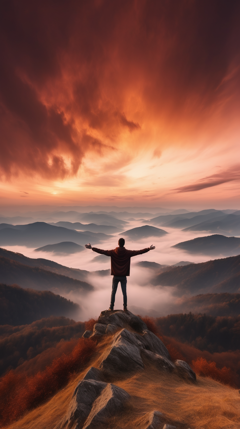 Man Standing Spreading His Arms on a Mountain Hill, Looking at the Reddish Gold Twilight Clouds, Very Beautiful