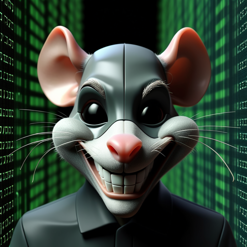 mascara 3d de um rato hacker anonimo  sorrindo assustador
em fundo matrix
