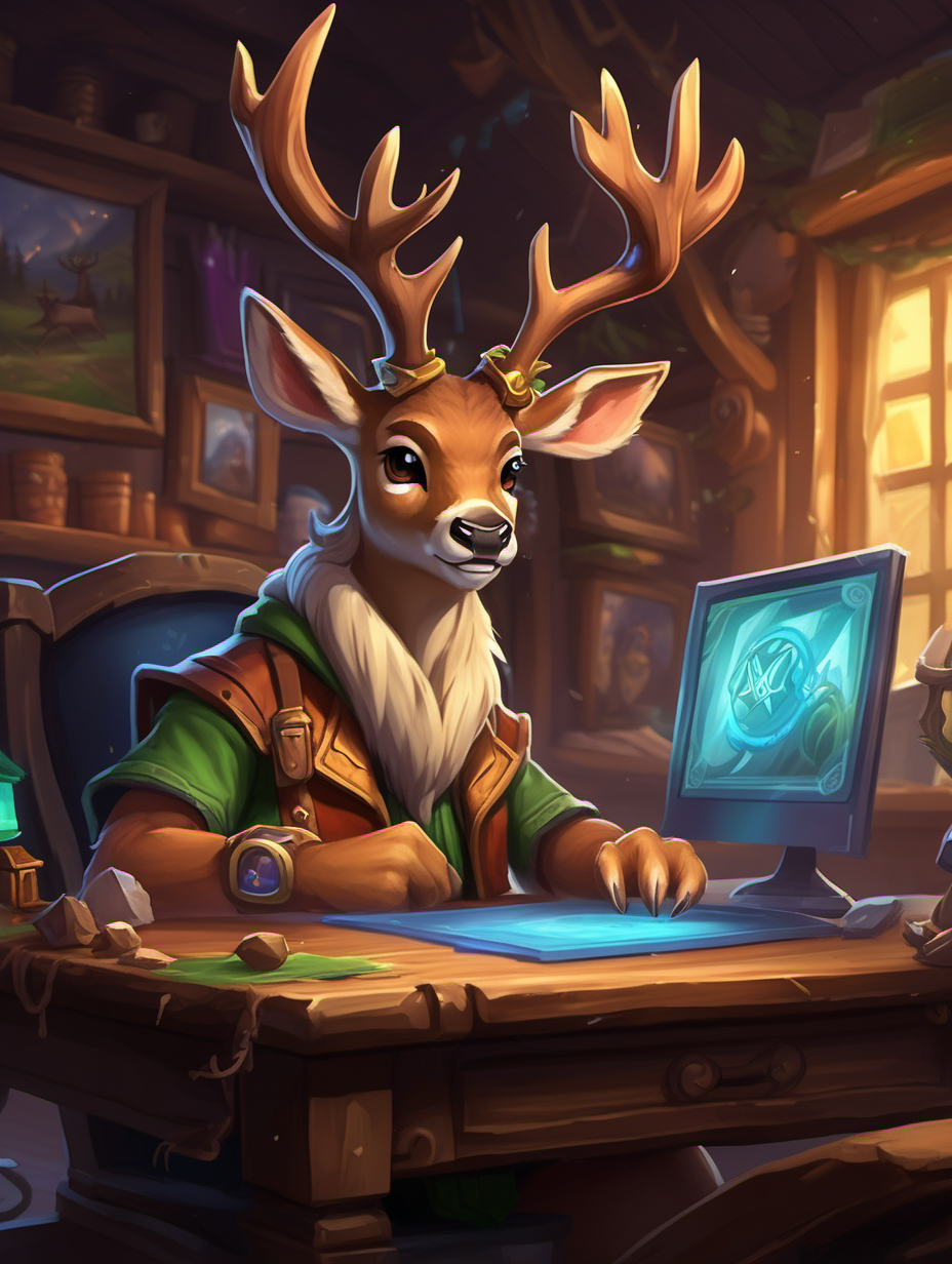 Digital art in the style of hearthstone cards art. Deer in his gaming desk