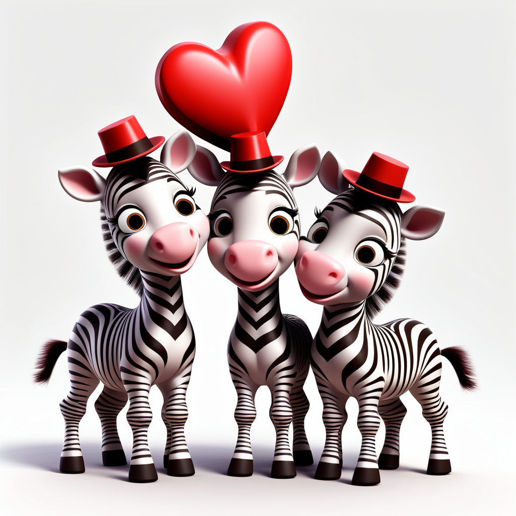 /envision prompt: "Joyful Pixar 3D Zebra Foals in Valentine's Hats" clipart depicting zebra foals donning heart-patterned hats, sharing a lighthearted moment against a pristine white background. Their expressions convey the spirit of Valentine's joy. --v 5 --stylize 100