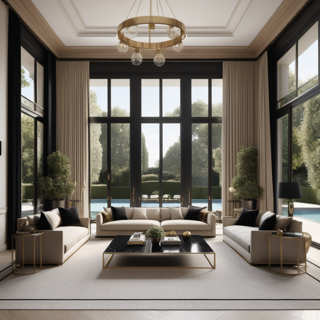 A hyperrealistic image of a grand, elegant modern Parisian casual living room in a beige oak brass and black colour palette with floor to ceiling windows showing views of the pool and gardens,