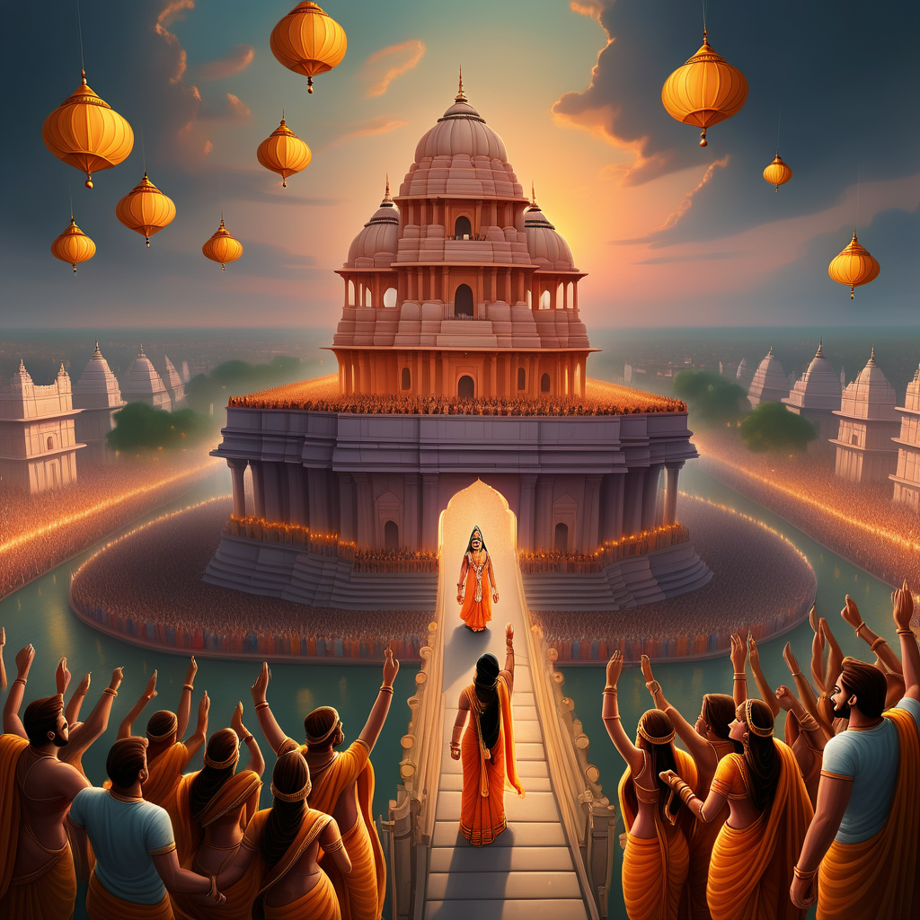 /imagine prompt: 2d, personality: [Illustrate a breathtaking aerial shot of Rama and Sita's return to Ayodhya, with their triumphant coronation taking place. The scene should capture the grandeur of the event, with the city adorned in lights and vibrant colors. Rama and Sita's expressions should radiate happiness and contentment, as their love story reaches its pinnacle. The atmosphere should be filled with celebration and a sense of fulfillment]unreal engine, hyper real --q 2 --v 5.2 --ar 16:9


