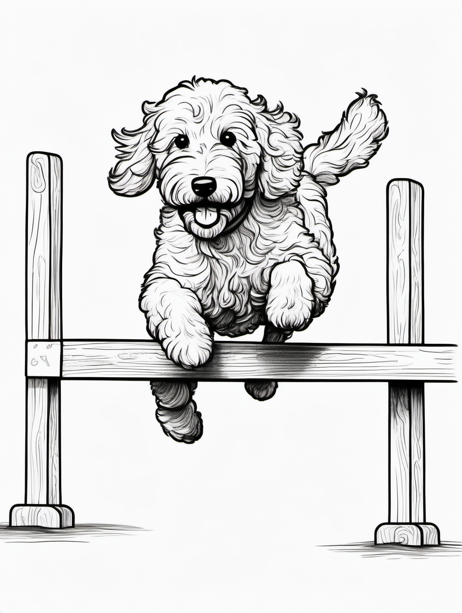 A cute goldendoodle running on a plank at
