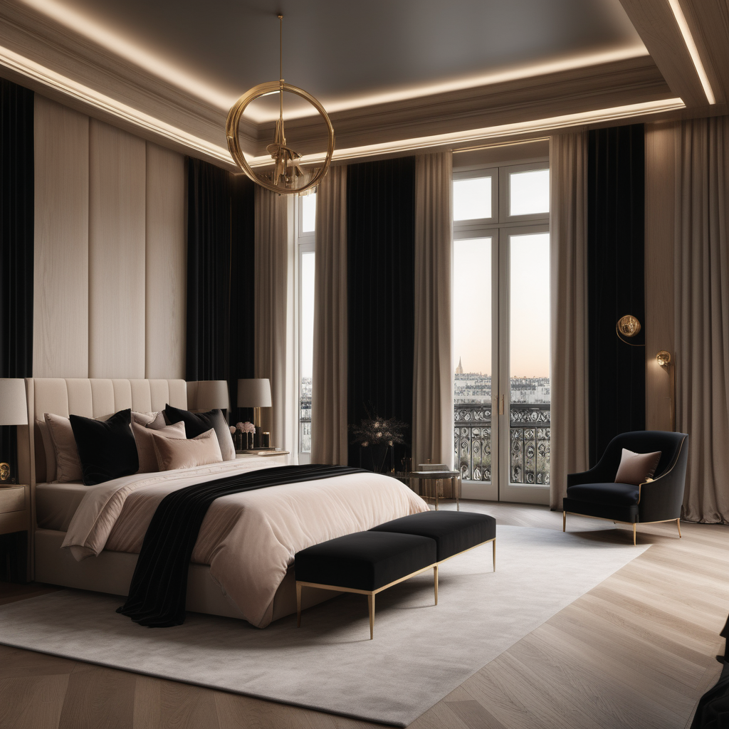 A hyperrealistic image of a grand, Modern Parisian, feminine, elegant, master bedroom with mood lighting, curtains,  in a beige oak brass and black colour palette with floor to ceiling windows 