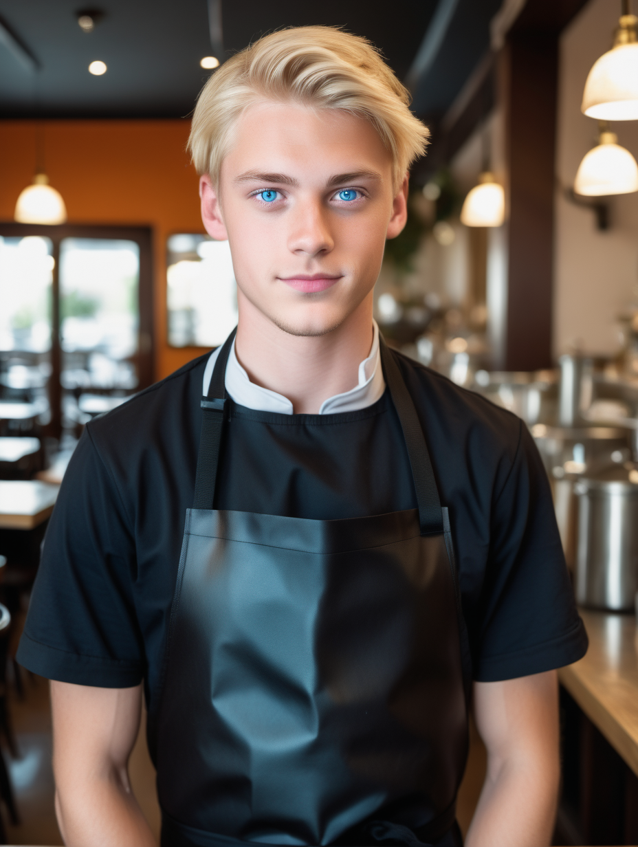 A blonde young waiter with blonde hair, blue eyes wearing black apron,  in a restaurant