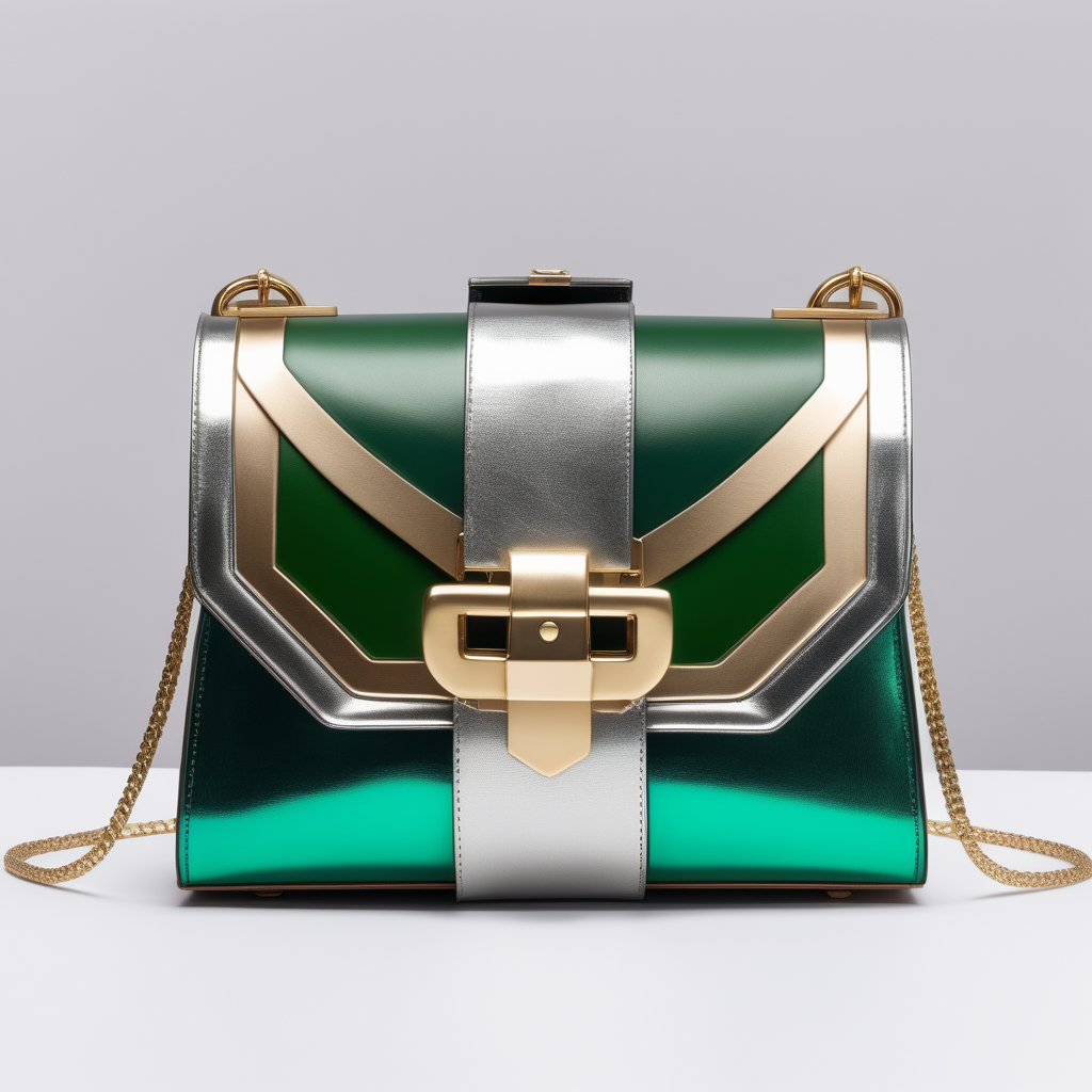 Art Nouveau inspired luxury small  bag with flap and metal buckle- metalized leather -geometric shape - frontal view  - inserts color block metalized - green shades