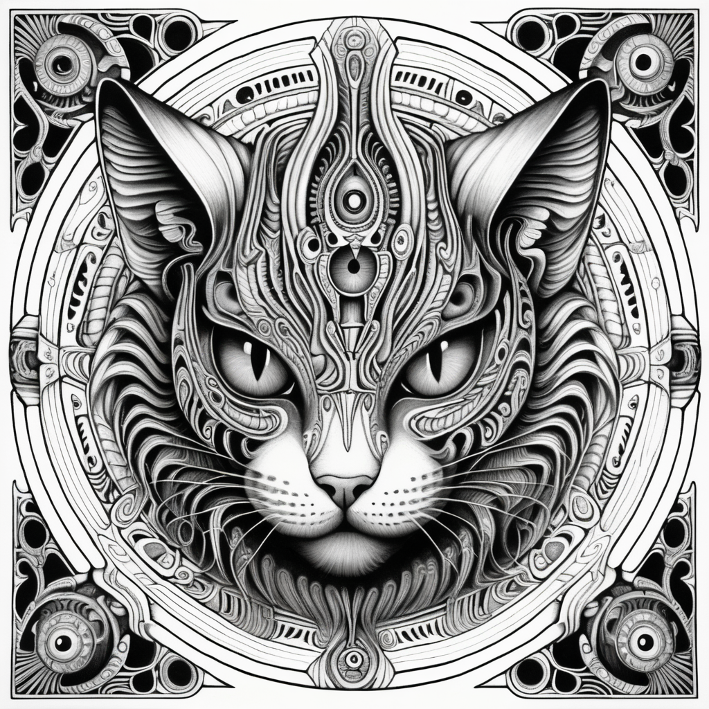 black & white, coloring page, high details, symmetrical mandala, strong lines, cat beast with many eyes in style of H.R Giger