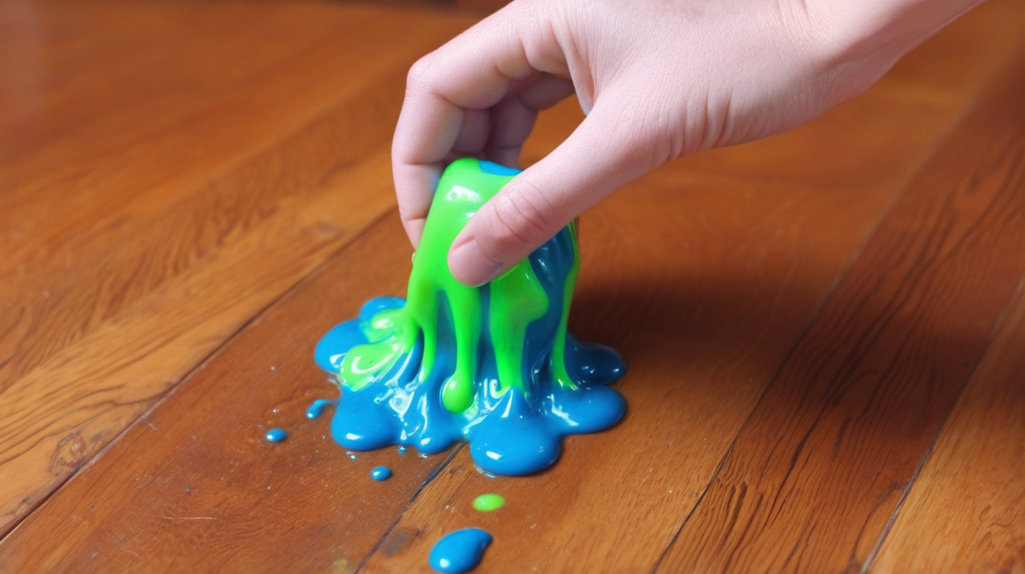 image hand holding a green and blue shiny slime putting it on vent on wood floor. 