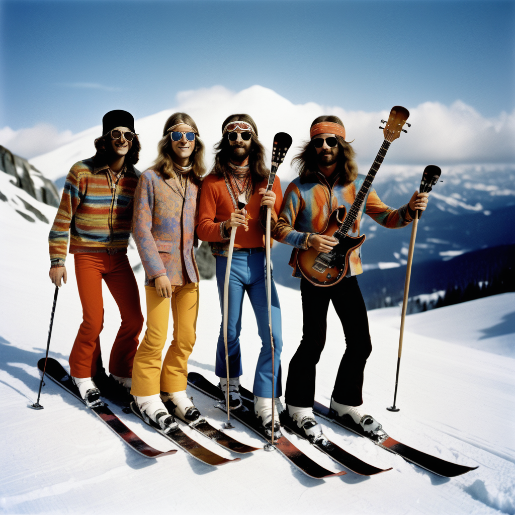 Hippy rock band members skiing



