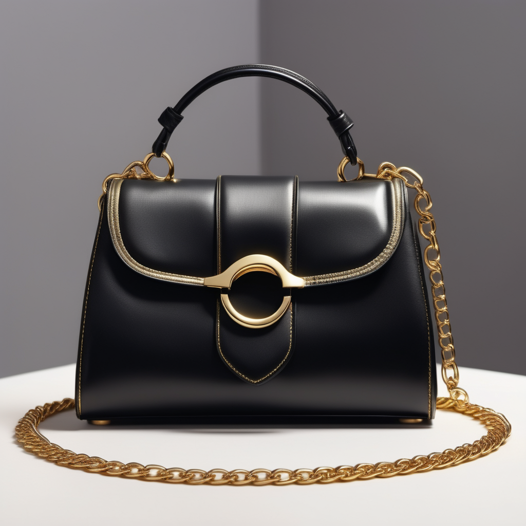 Black leather handbag with handle with golden ring