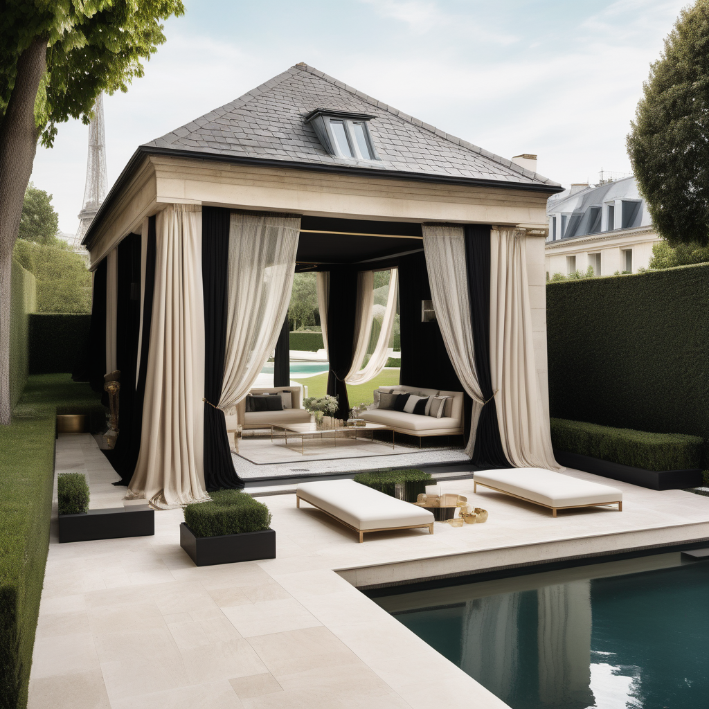 hyperrealistic modern Parisian Cabana with sheer curtains Limestone