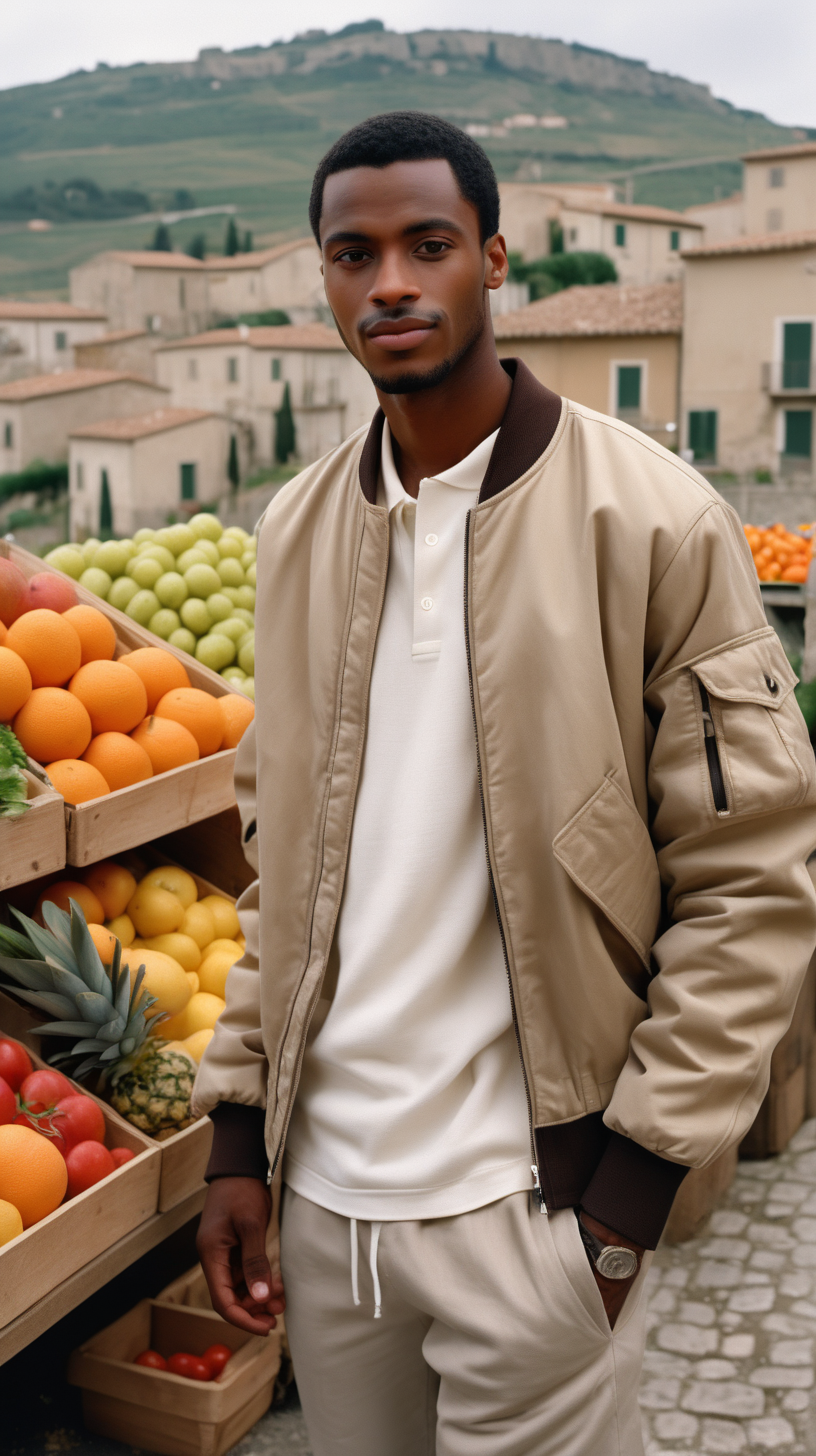 A handsome, young, African American man, wearing short, black hair, wearing Cream, cut and sew, bomber jacket, standing beside a fruit and vegetable stand, an Italian village in Sicily in the background, Facing  the camera, wearing a light, pine colored, linen, dress shirt, wearing a white tee-shirt, wearing Taupe Brown, Corduroy joggers, lighting is over the right shoulder, from behind, pointing down, ultra 4k, render, high definition, light shadowing