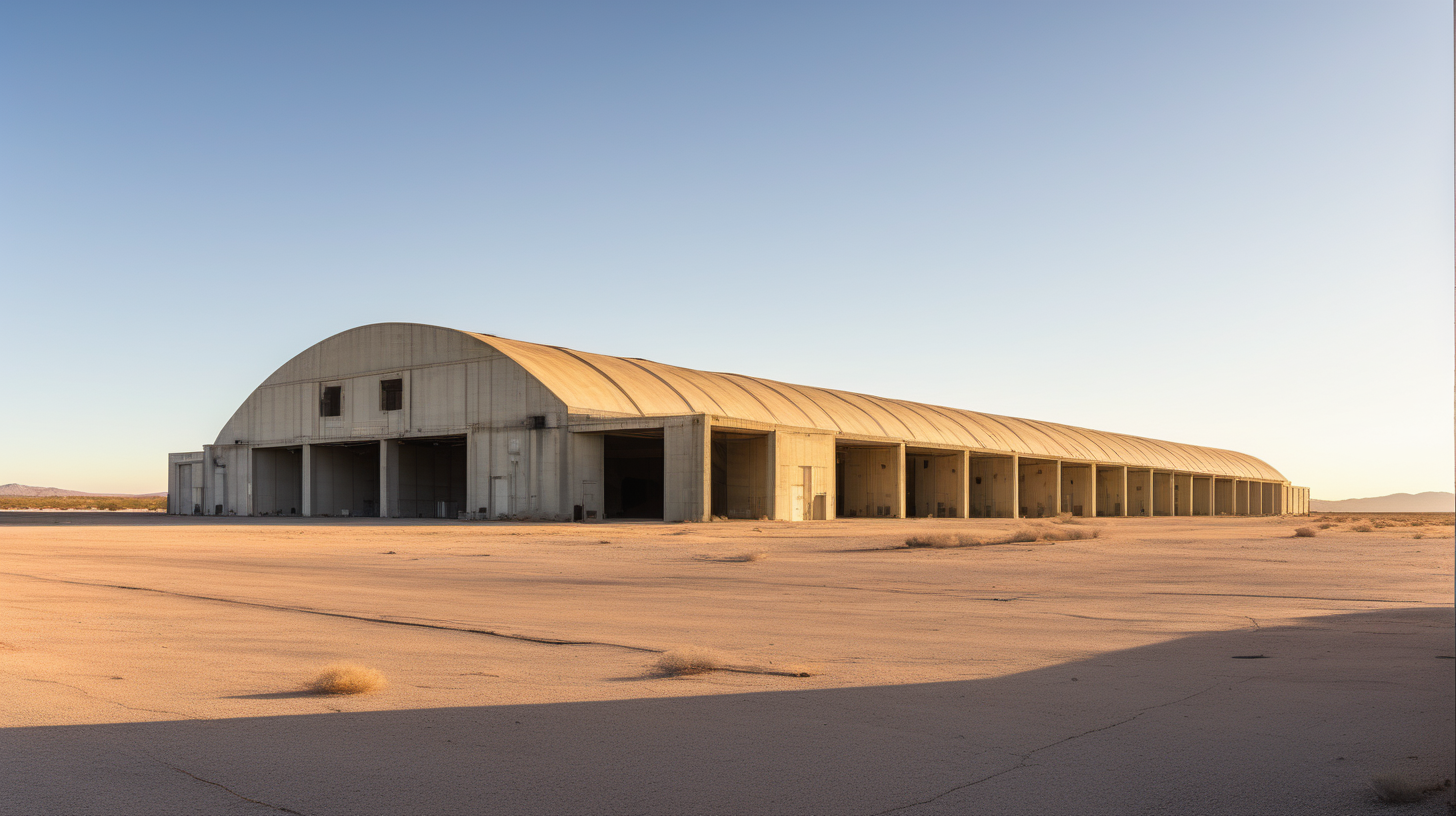 secret US military facility in the Texas desert with enormous hanger bay that looks abandoned from the outside as if once used for covert or secret government experiments. Bright early morning light in desert.
