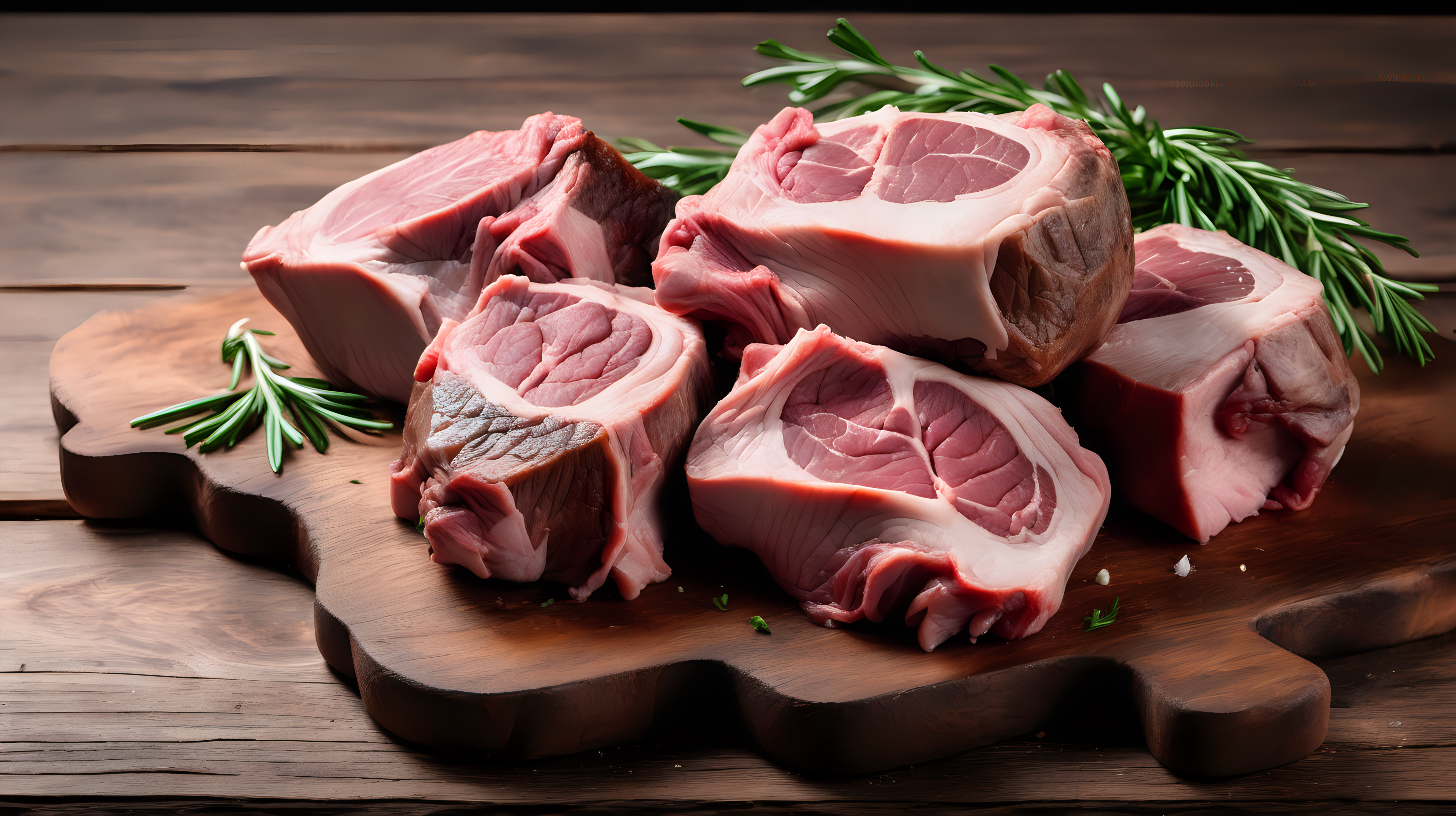 Thigh of goat meat on a wooden table, isolated on white background, copy space, photo shoot