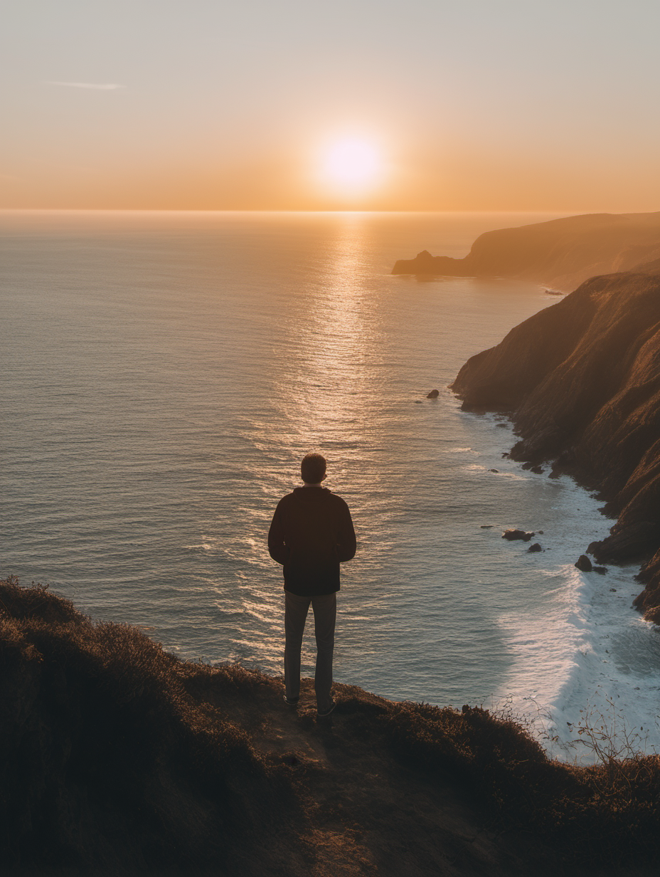 man standing on a cliff viewing the ocean and the sun set