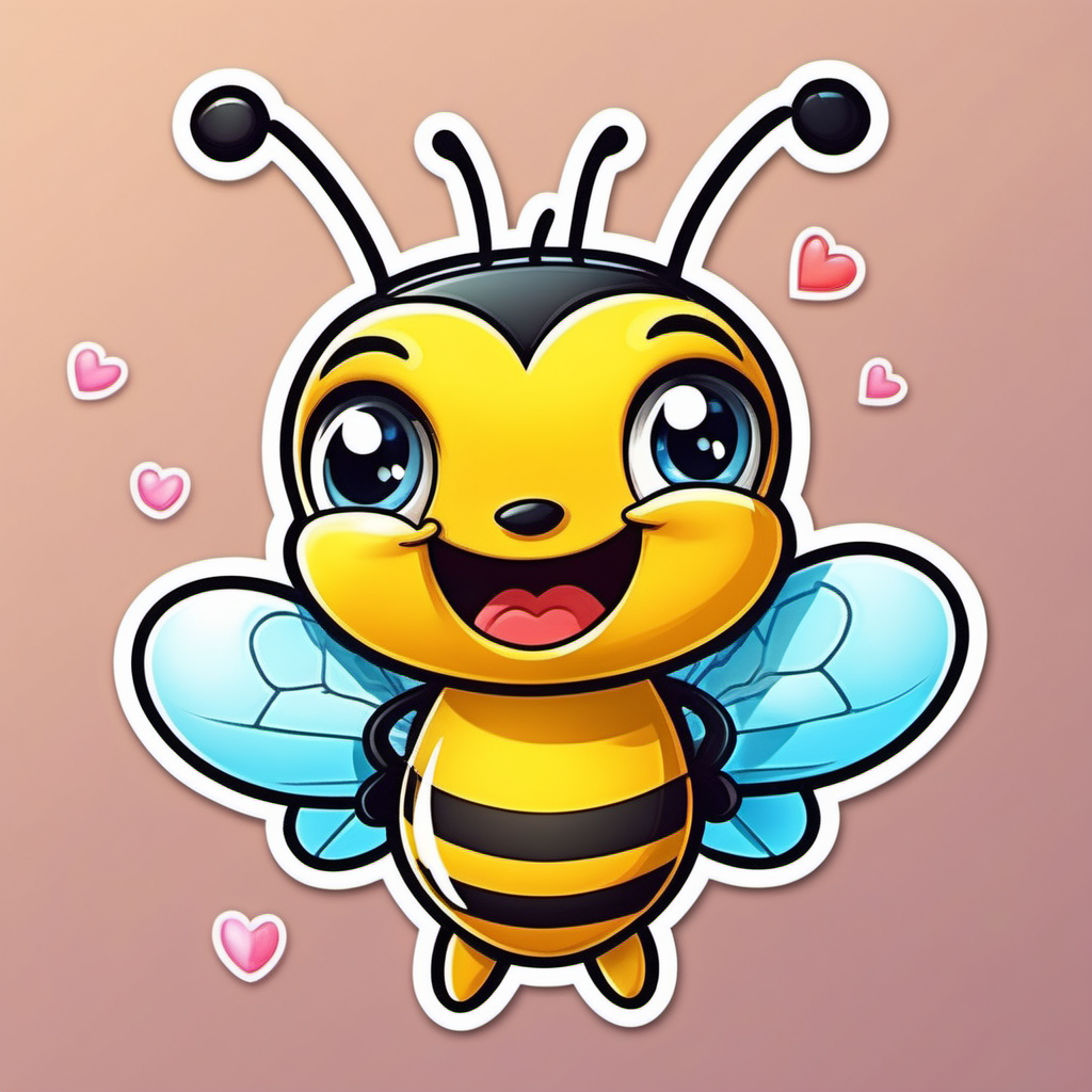 super Adorable little bee cartoon
sticker valentine hearts,  sweet smile, character full body, so cute, excited, big bright eyes, shiny and fluffy,
fairytale, energetic, playful, incredibly high detail, 16k, octane rendering, gorgeous, ultra wide angle.