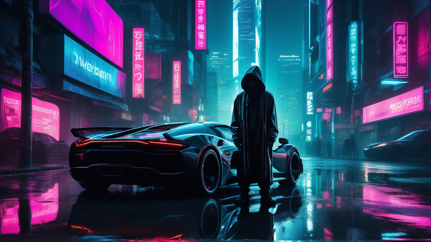 "A hyper-realistic photograph captures a moody, cyberpunk cityscape under a veil of night. The focal point is a hooded solitary figure standing next to a gleaming sports car, its surfaces reflecting the neon cacophony of 'SHIB' and 'Shibarium' signs. The figure, enigmatic and faceless, is draped in a contemporary hooded garment, a stark silhouette against the backdrop of vibrant city life. Wet streets glisten, mirroring the myriad neon lights and holographic displays that climb the sides of futuristic buildings. The photograph tells a story of solitude amidst the urban sprawl, the palpable tension between the anonymity of the hooded figure and the conspicuous opulence of the surrounding technopolis."