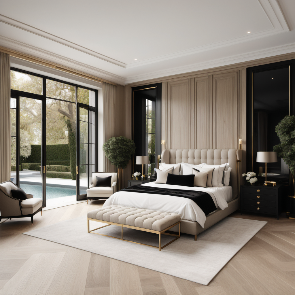 A hyperrealistic image of a grand, elegant modern Parisian master suite in a beige oak brass and black colour palette with floor to ceiling windows showing views of the pool and gardens,