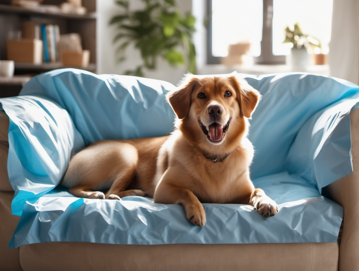 Create an image of a dog relaxing on the couch in the living room. The couch is covered with waterproof cover. The cover color is bright blue. The dog is of a large size, looks happy and relaxed, with the tongue out, laying on the cover sideways to the camera, looking to the right, turned away from the camera. The color of dog is beige. The room is sunlit, the weather outside is bright and sunny.