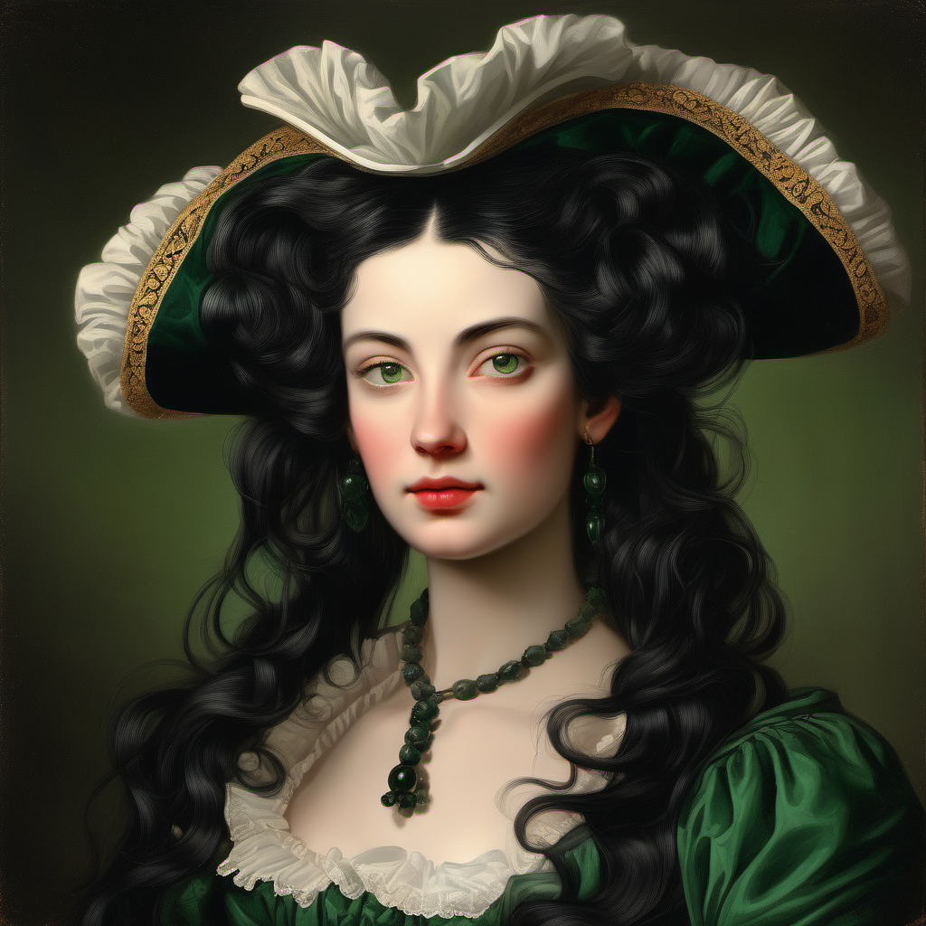 18th century beautiful woman straight black hair deep green eyes