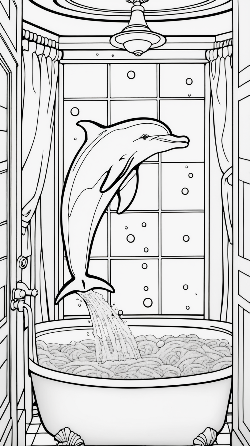 colouring book, Dolphin in a Bubble Bath, background white bathroom --AR 1:1.41-- 