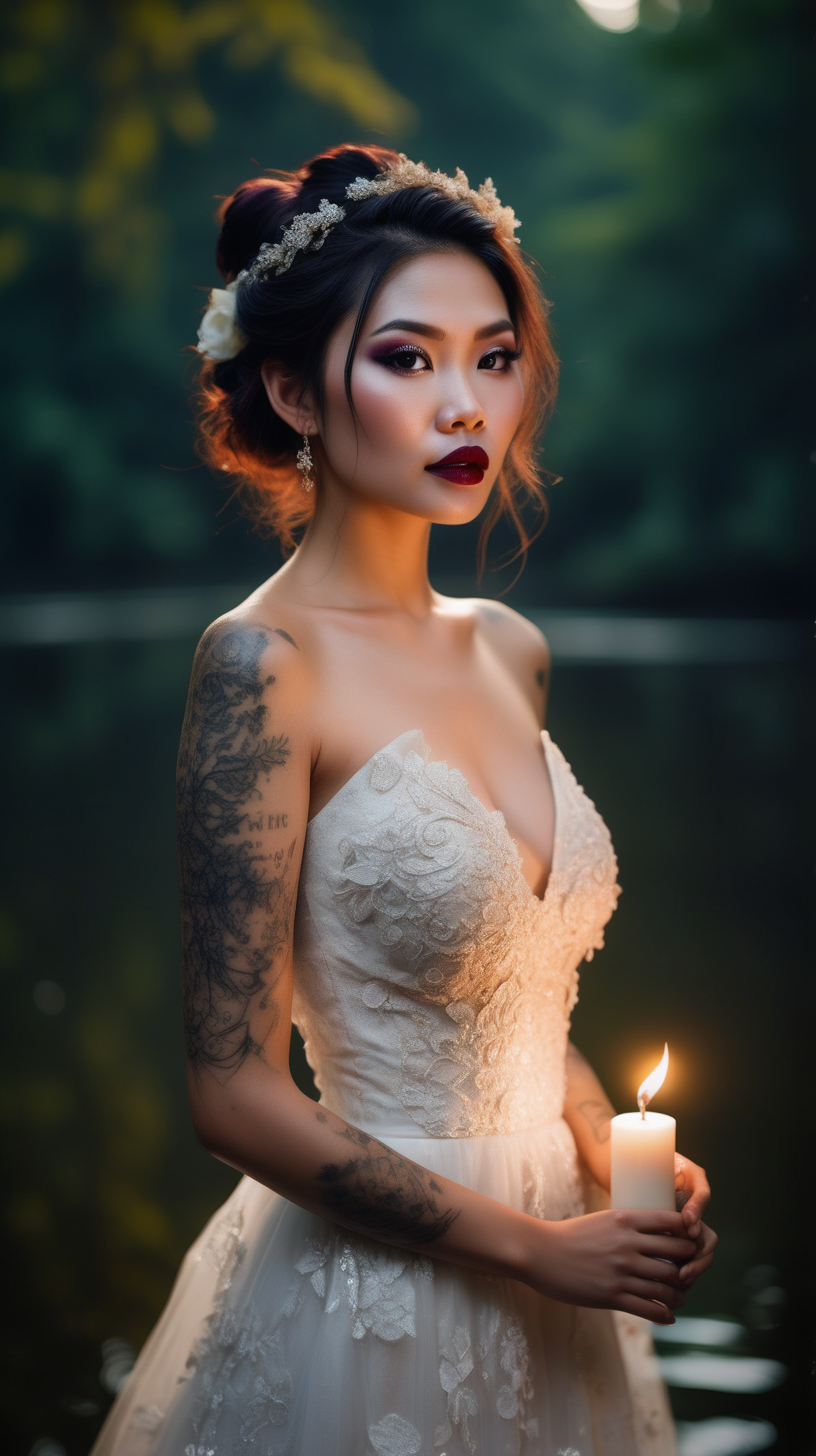 Beautiful Vietnamese woman, body tattoos, dark eye shadow, dark lipstick, hair in a messy updo, wearing a gorgeous wedding dress, bokeh background, soft light on face, standing in a lake in front of elaborate candlelit forest wedding, photorealistic, very high detail