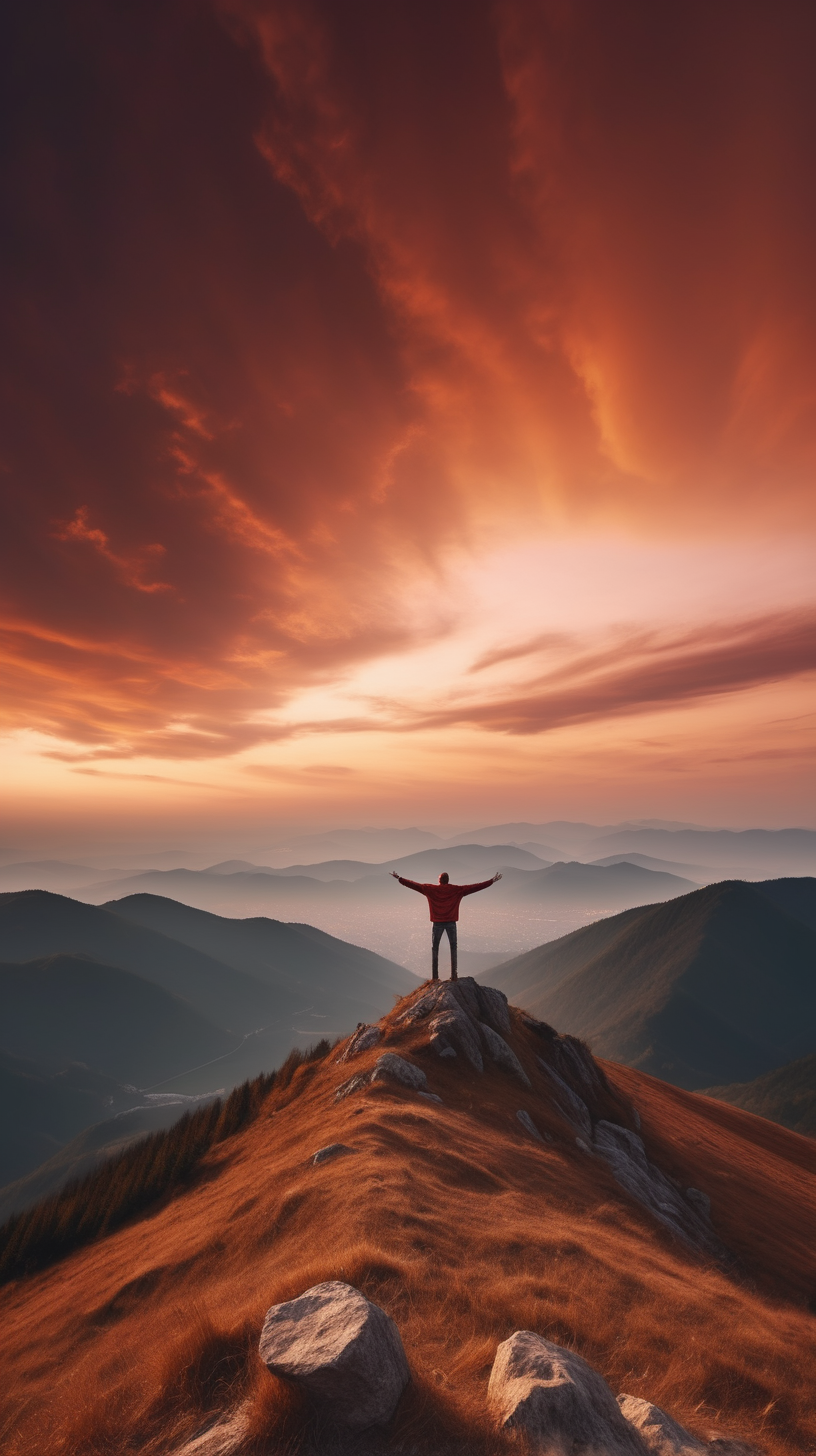 Man Standing Spreading His Arms on a Mountain Hill, Looking at the Reddish Gold Twilight Clouds, Very Beautiful