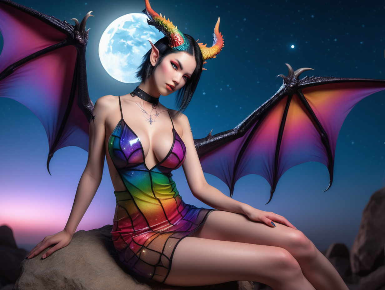 ultra-realistic high resolution and highly detailed adult film photoshoot of a slender female human dragon, with sleek pointy black horns gently swept straight backwards over head, with massive breasts, with a colourful open front transparent top and a colourful transparent short loose skirt, she has draconic markings on arms and body, sitting with a starry sky and the moon in the background, looking at the camera