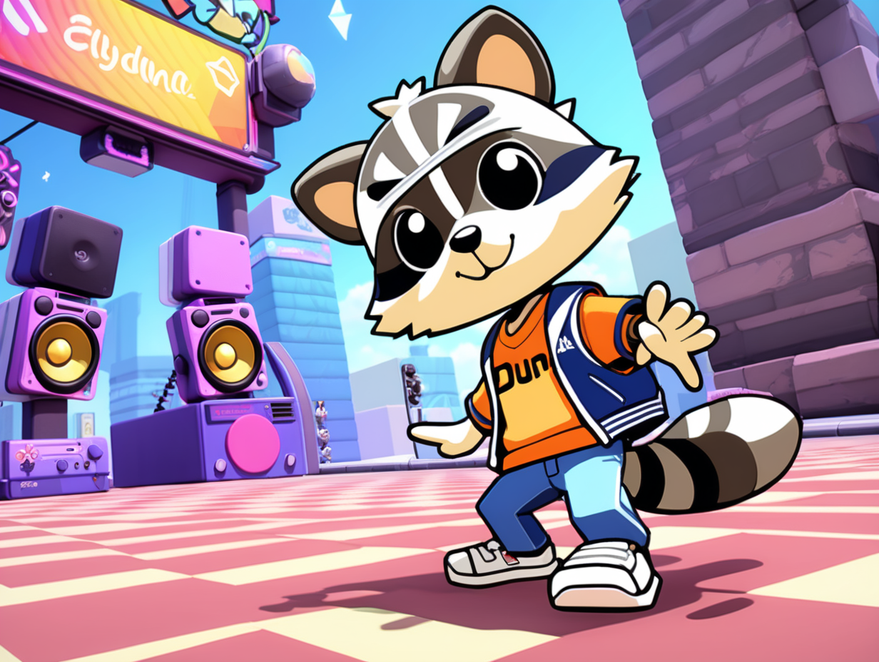 Generate an in-game screenshot for a PS1-era rhythm game with a flat art style, featuring a Raccoon protagonist. The scene should capture a lively moment in the rhythm game, showcasing the Raccoon's rhythmic actions with flat and vibrant visuals reminiscent of classic rhythm games like PaRappa the Rapper and Um Jammer Lammy.

Incorporate smooth low-poly graphics reminiscent of the PS1 era, staying true to the flat and simplistic art style of classic rhythm games. The soundtrack should be influenced by a Japanese hip-hop vibe, setting the tone for the rhythmic gameplay. Set the scene in a visually engaging environment that complements the rhythm game experience. Ensure the screenshot encapsulates the fun and energetic essence of classic PS1-era rhythm games, featuring the unique charm of a Raccoon protagonist with a flat art style.

Embrace the fusion of rhythm gameplay, low-poly graphics, and a Japanese hip-hop aesthetic, delivering a visually appealing and lively atmosphere reminiscent of classic PS1-era rhythm games with a flat art style.