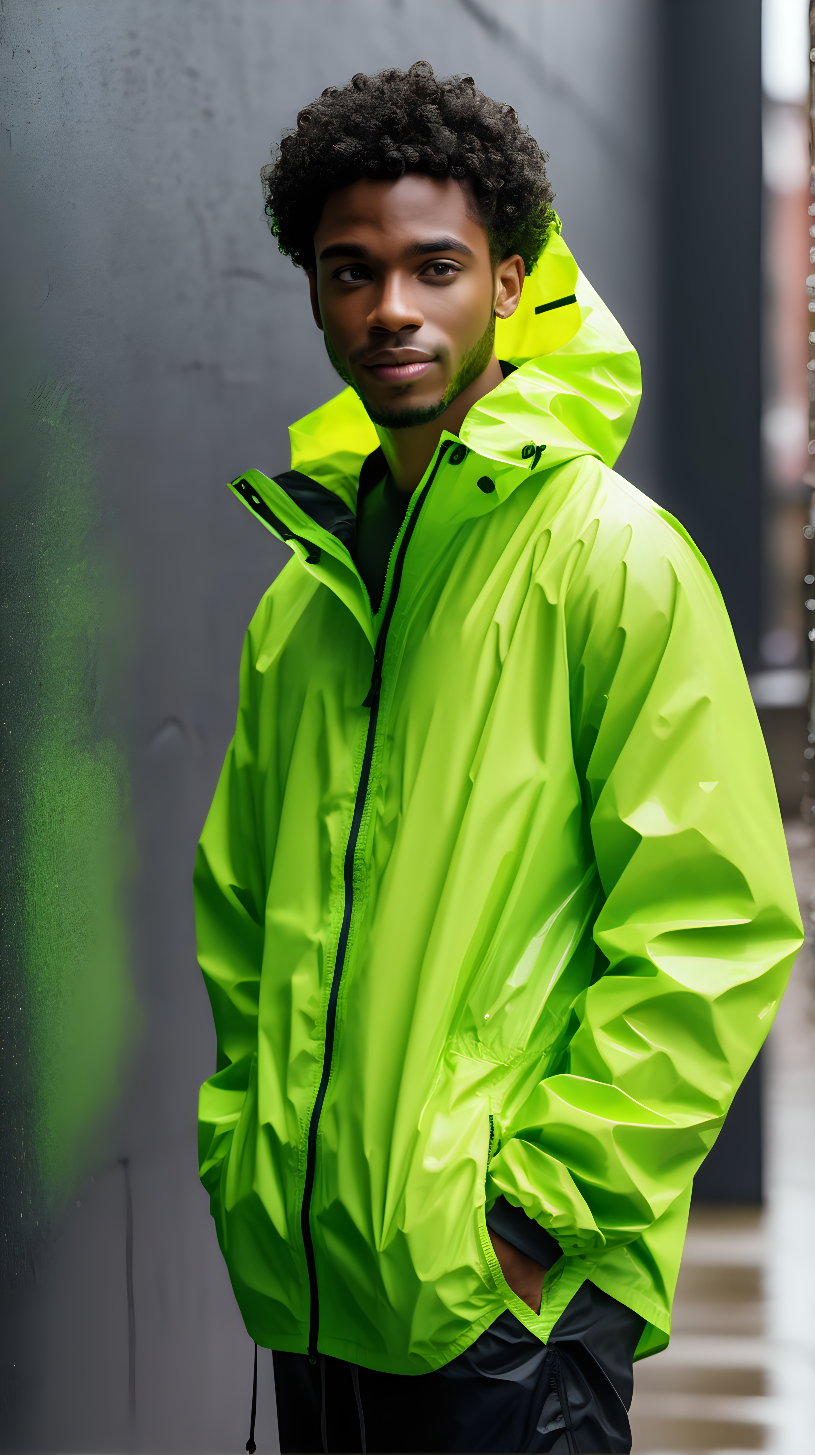 An attractive young black man, wearing black, curly, short hair, wearing a neon green, nylon, waist length rain jacket, 4k, high definition, leaning with his back against a wall, sunny and bright daytime