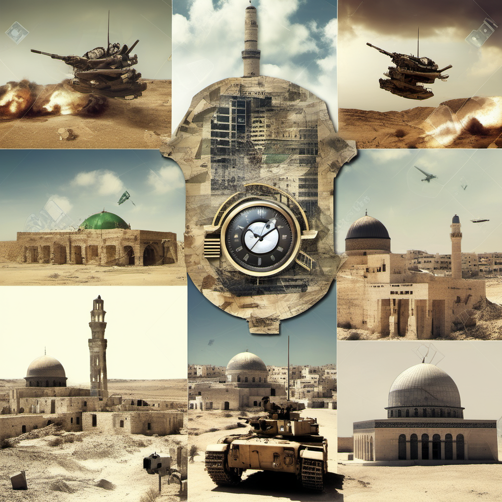 Technological Advancements: A futuristic, digital collage showing the juxtaposition of ancient Gaza landmarks with modern military technology, symbolizing the clash of time and technology in the conflict.