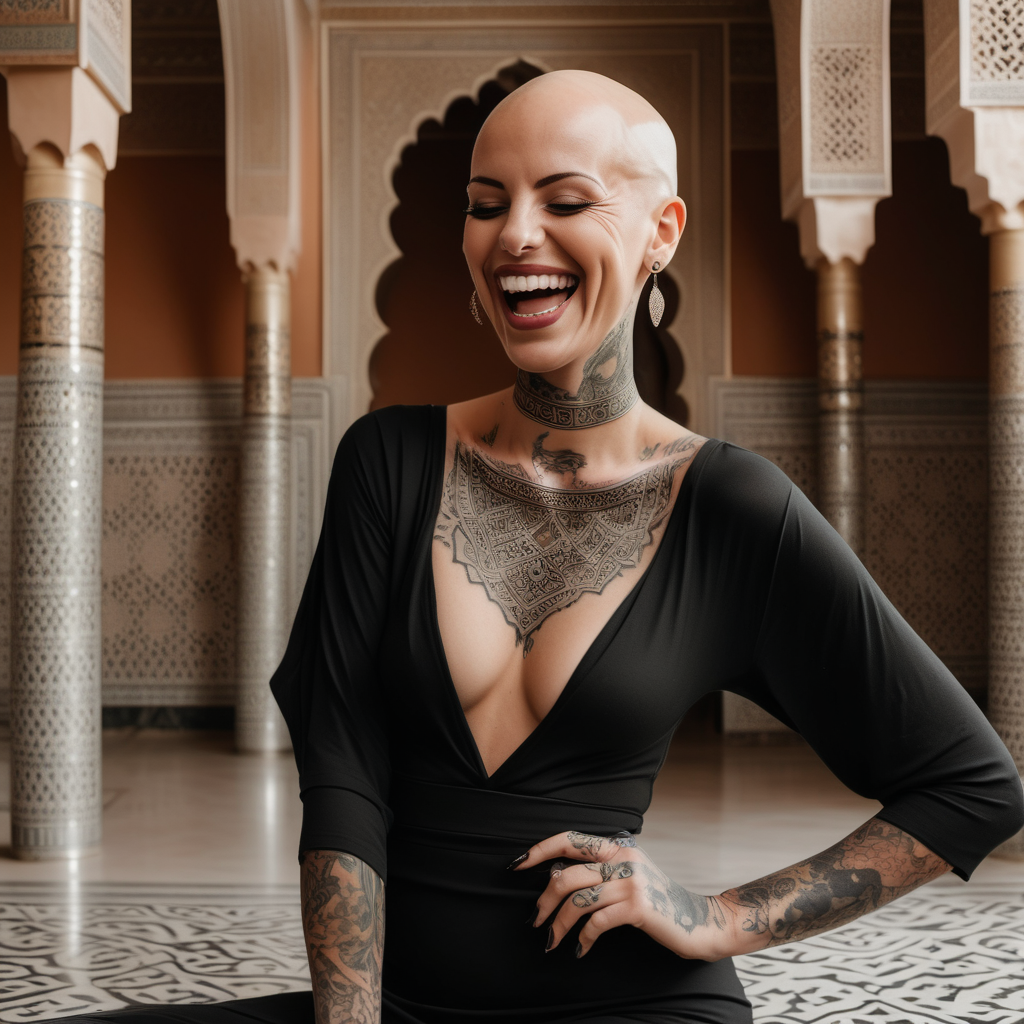 tattooed bald model in morrocan palace in upscale soft black attire she is laughing