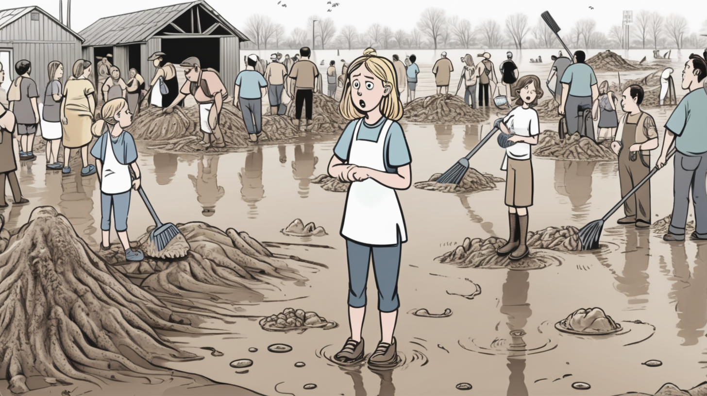 cartoon girl looking confused towards a lot of people including men women and kids working in the mud cleaning up after the flood