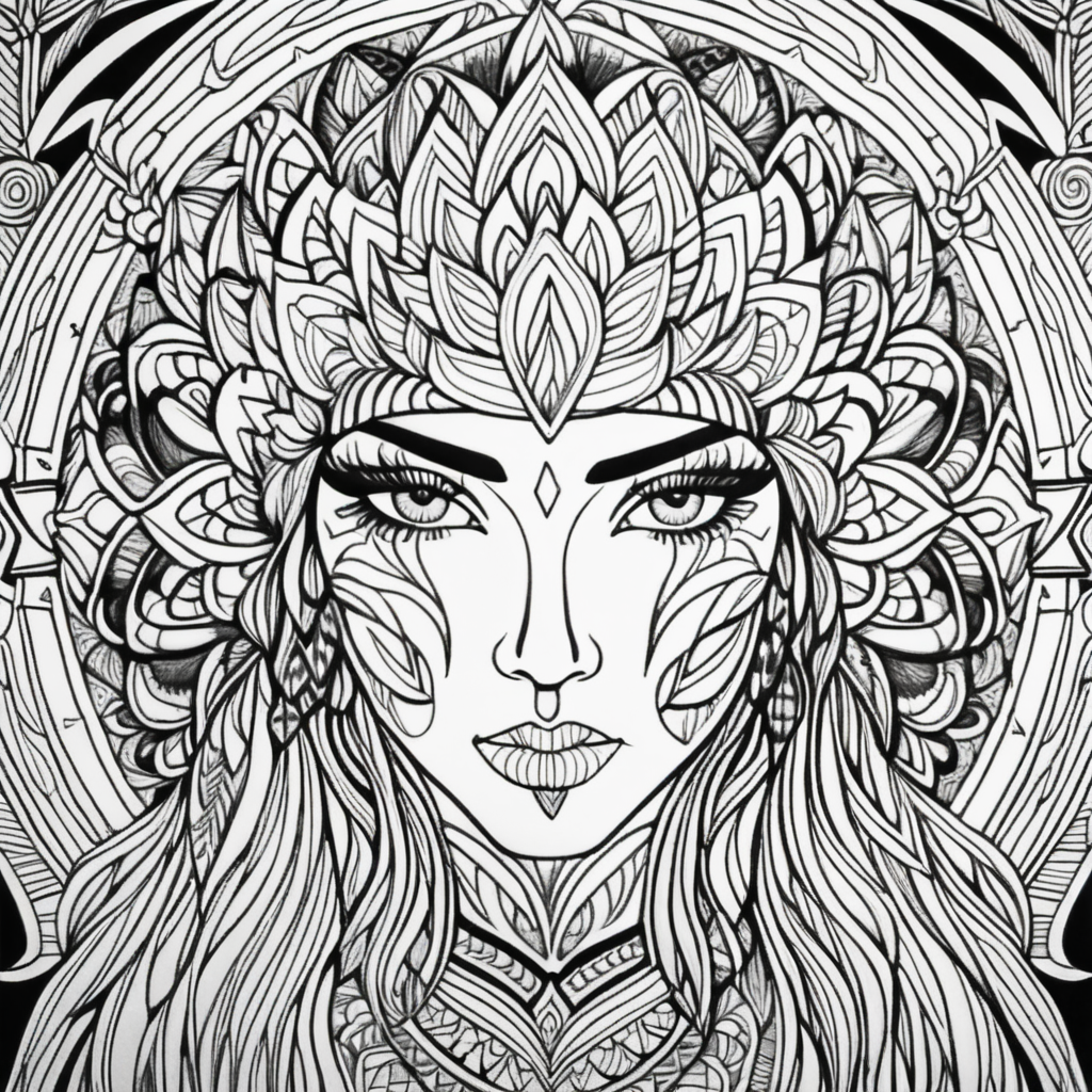 adult coloring book, black & white, clear lines, detailed, symmetrical mandala furious woman face 