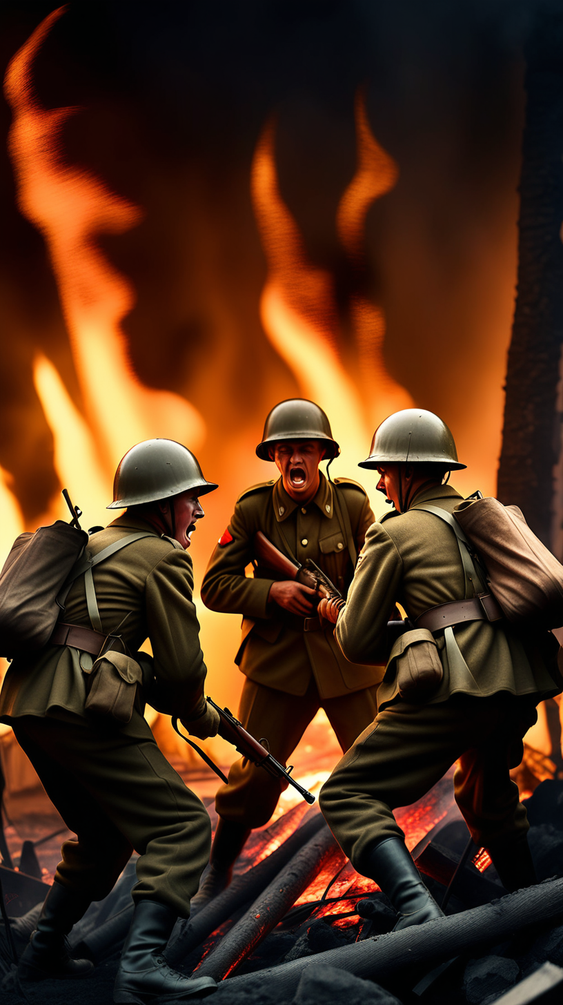 The soldiers of the 2nd World War are fighting in a dark place surrounded by fire