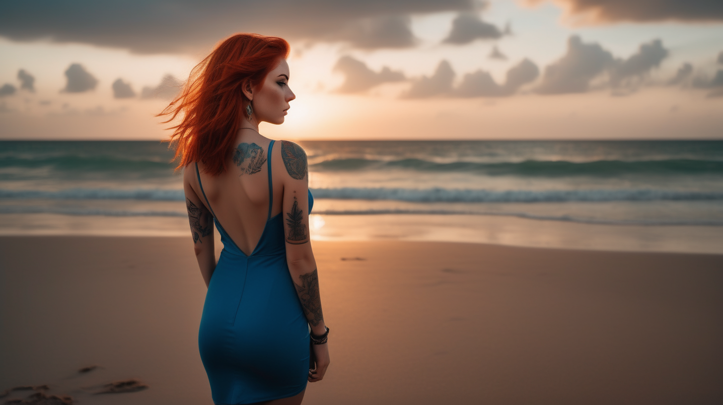 the photo is taken in a tropical beach, sunset. Only one girl is standing, She has her back to the camera and turns her head looking to the see. The girl is wearing a short blue alluring dress that reveals her body curves, redhead straight hair, she has a nose piercing and a wolf tattoo on her back. The lighting in the portrait should be dramatic. Sharp focus. A perfect example of cinematic shot. Use muted colors to add to the scene.