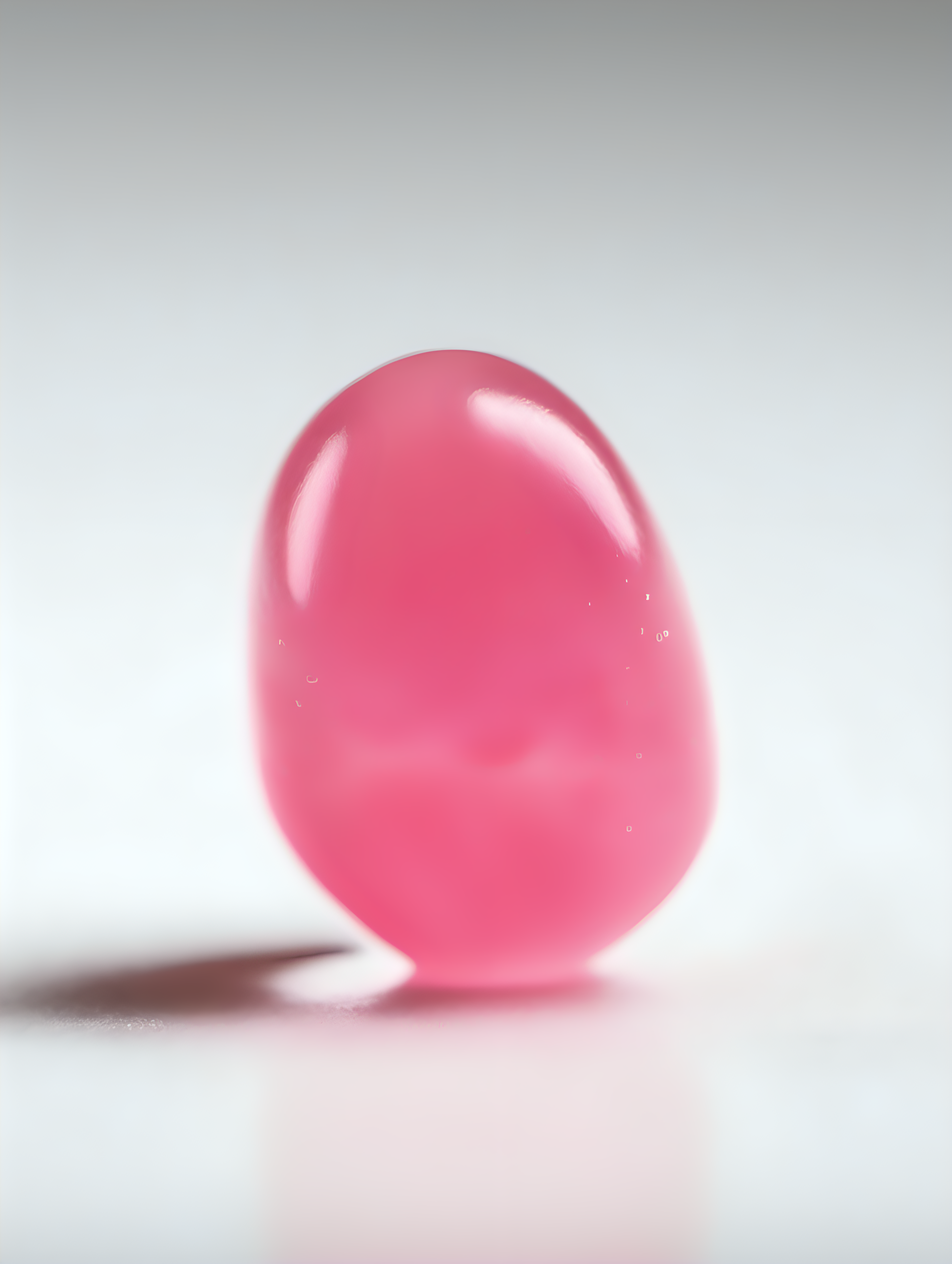 ARTISTIC STUDIO MACRO PHOTOGRAPH OF A SINGLE PINK JELLYBEAN ON A WHITE BACKGROUND
 